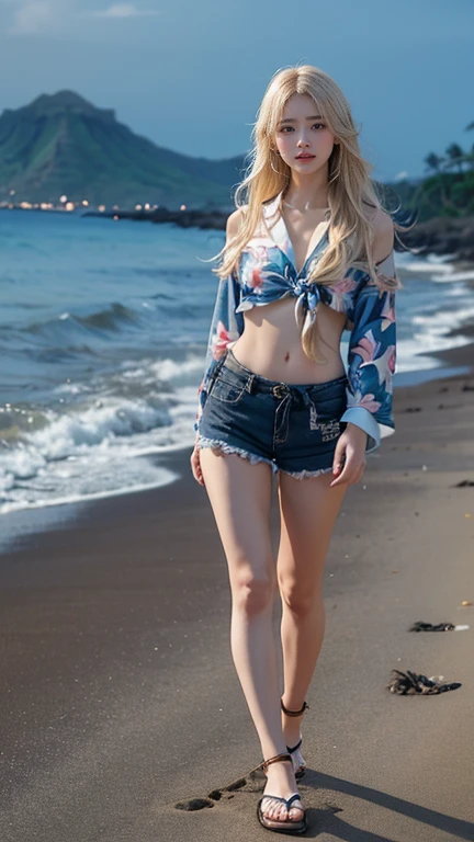 4K, (masterpiece), Highest quality,, ((NSFW:0.9)), (Unbuttoned shirt),Shorts, (Big Breasts), Nipples, Long silver hair, blue eyes, smile, Full Height, Clear Eyes, Black eyelashes, (Complex and detailed), dramatic, trend,Full Body Shot,Centered,Wild feeling,Ocean,