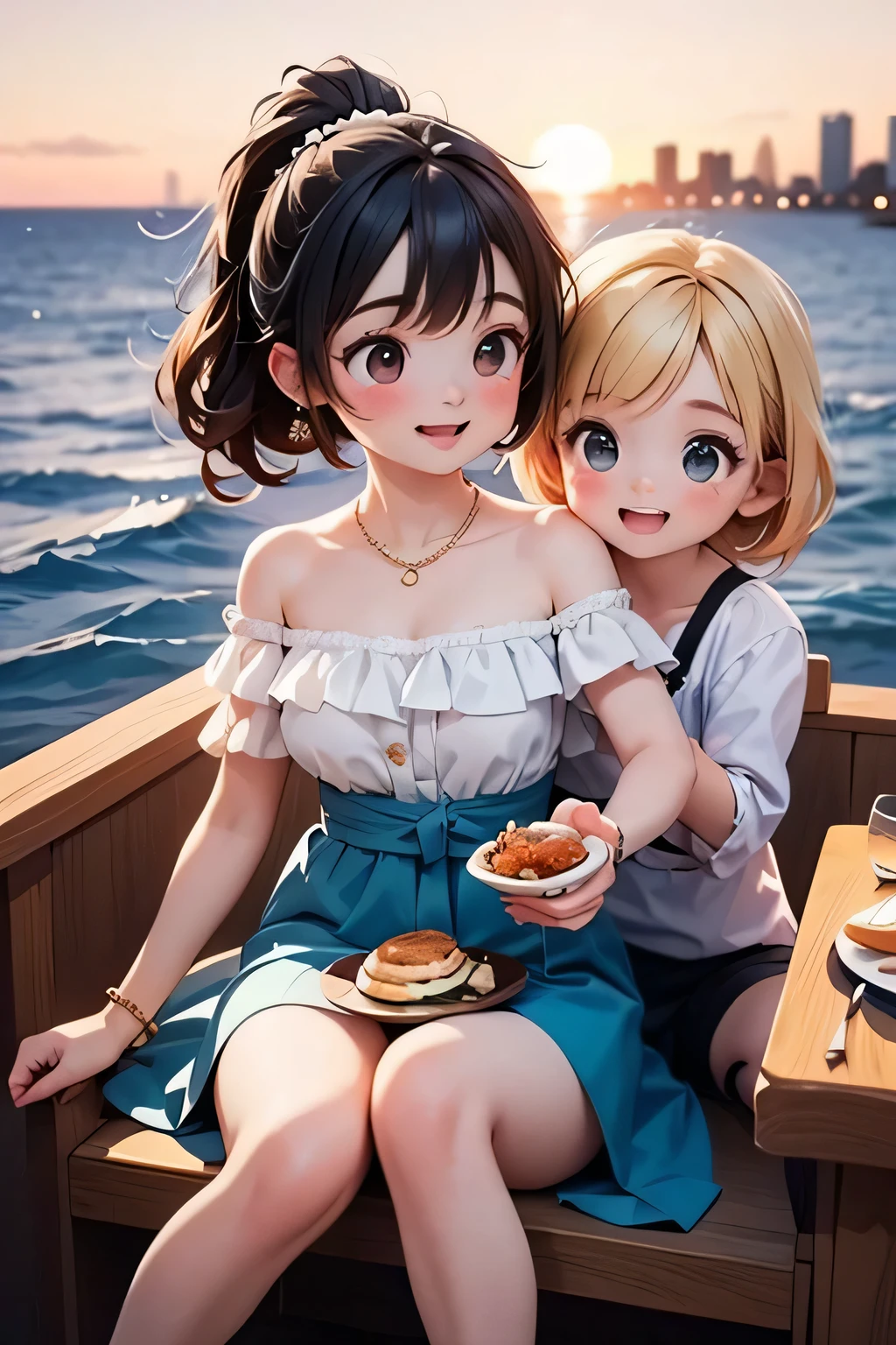 highest quality、Realistic、zoom、14 years old、Chestnut Hair、Blue Eyes、Short Hair、Long dress、Sunburned、Tan、Brown Skin、Sweat、smile、Ocean、、Bust Shot、From the camera、look up