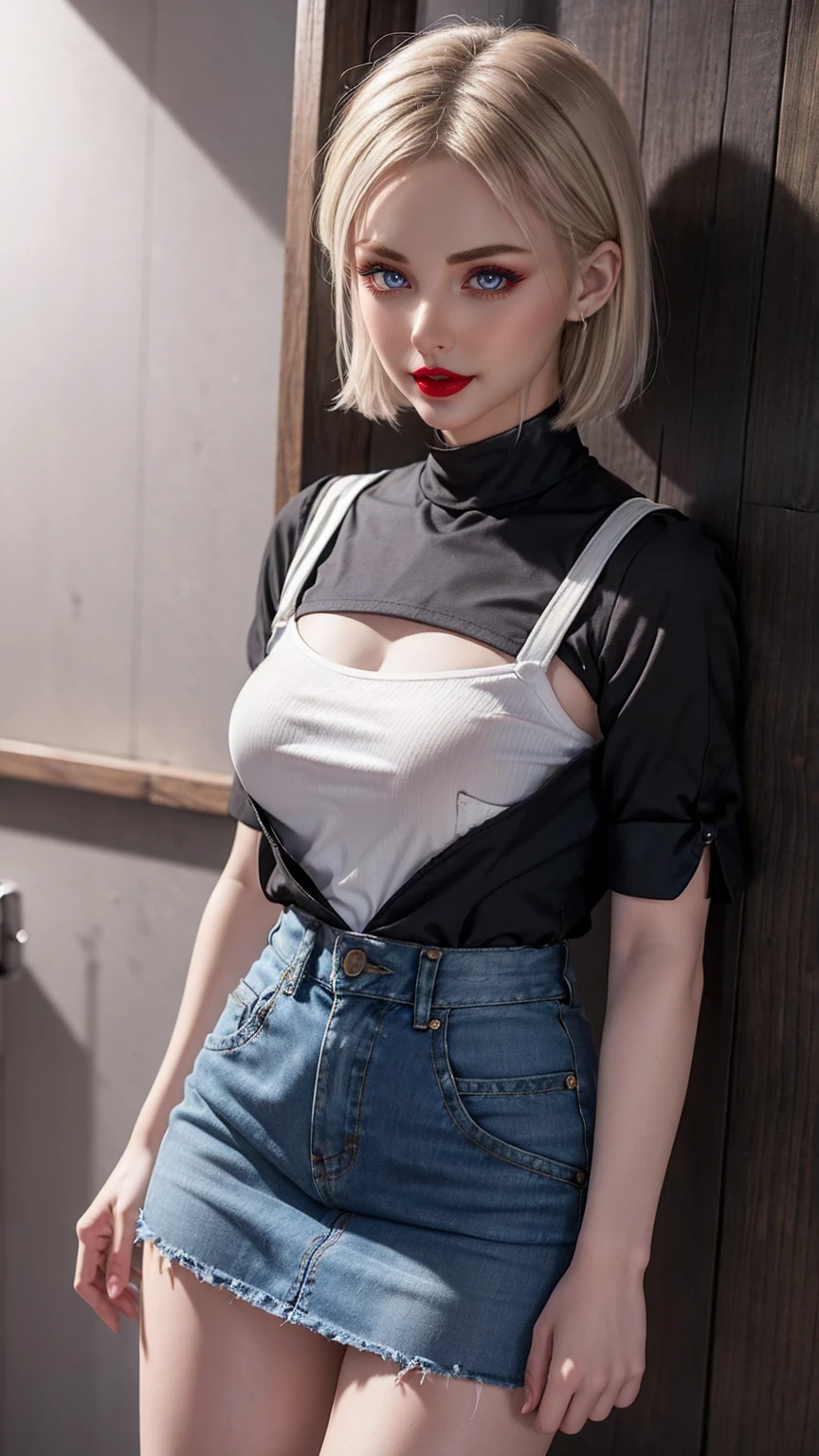 (best quality, ultra-detailed, photorealistic: 1.39, shy smile, highly detailed eyes), bright and vibrant colors, studio lighting, romantic expression, denim shorts, red long-sleeved blouse, undercut platinum bobcut blonde hair, small breasts, fit, muscular, short hair, mercenary