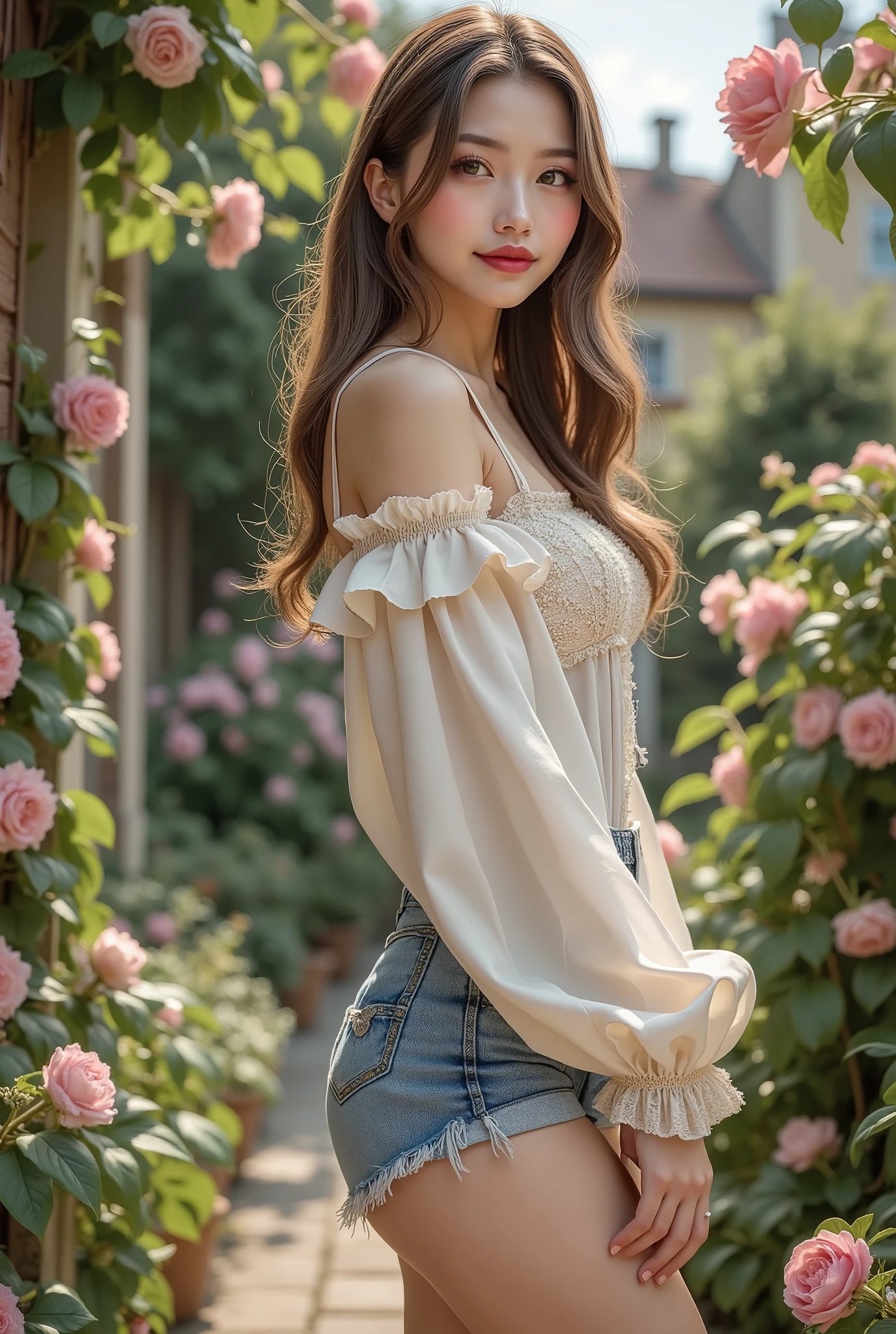 Photorealistic, hyper-high resolution digital portrait of a woman standing in a garden, dressed in elaborately detailed clothes. Focus on hyper-realistic proportions: 1.3. The woman wears a bold, feminine, elaborately detailed dress, matched with a delicate, white, long-sleeved sweater and short denim shorts. Highlight ultra-realistic textures: velvety skin, carefully detailed hair, shiny red lipstick and dark mascara. Her green eyes are sharply focused, with perfectly round pupils and very narrow eyebrows. Pose: back shot, close-up of buttocks, looking at the viewer, above the knees, from below: 1.2. Sexy but elegant modeling session. Lighting: soft, no shadows, natural. Shot with Fujifilm XT3, f/5.6, perfect composition, HDR, UHD, physically based rendering, vivid colors. Emphasize sharpness, clarity and global illumination.