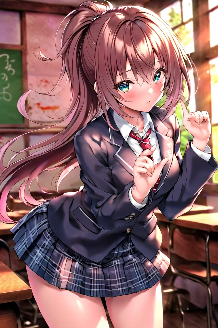 ((8K masterpiece,highest quality)), ultra high resolution, hyper detail, (1 girl), beautiful face, beautiful and delicate eyes,((red eyes)),Big eyes,shining eyes of light,Thin and long eyelashes,detailed light,((brown hair)),((long hair)), ((twin tails)),big breasts,school uniform,hair clip,hair ribbon,blitz short skirt,white knee high socks,light pink panties, Panty Pose, panty shot, (grinning smile),troubled face,(please open your mouth wide),(classroom),stand in the center of the screen,blue sky with clouds, Nice views, rainbow in the sky, particles of light, daytime, sunbeam,gust of wind,sense of speed, cowboy shot