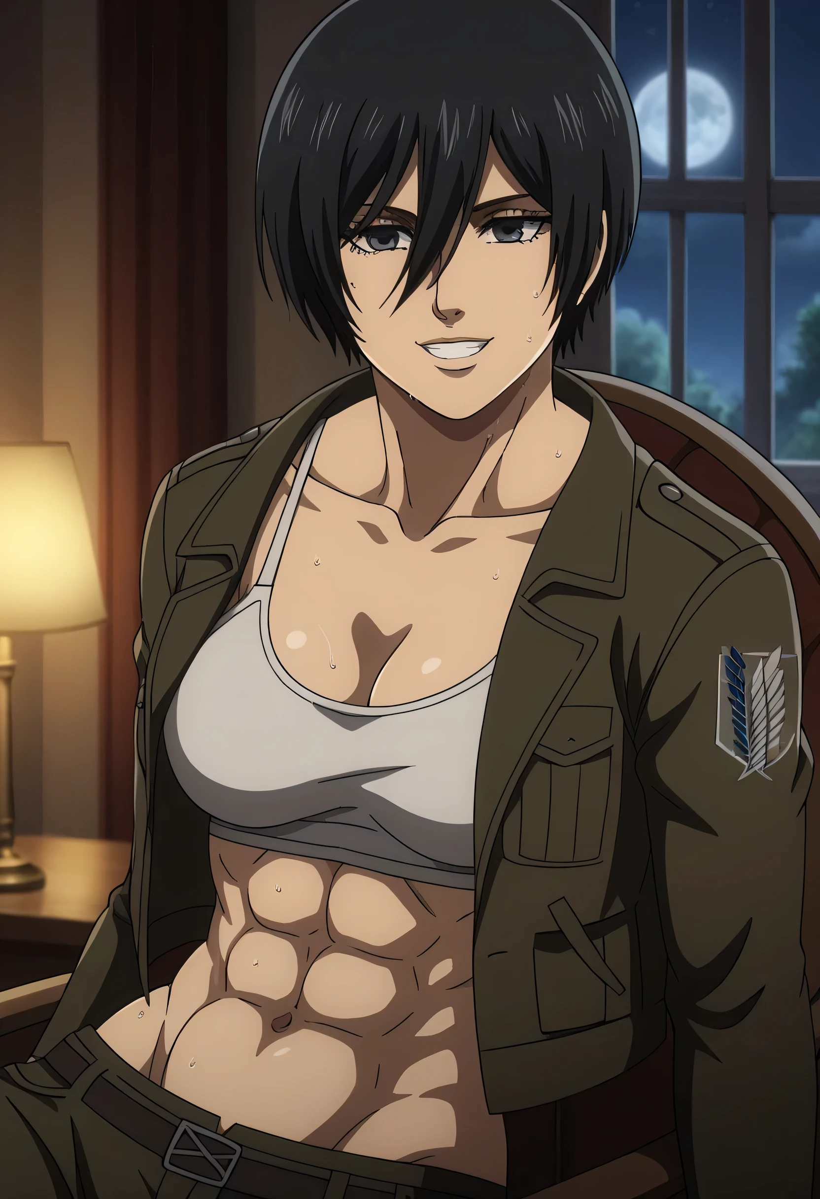 score_9, score_8_up, score_7_up, BREAK source_anime, mikasa ackrman, grey eyes, black hair, short hair, medium breasts,Mikasa wreanig red tight sport Elastic fiber bra and red loose military trousers,mikasa with good looking body,perfect lighting,mikasa final season design,mikasa mappa version,sitting on chair, Perfect generation,mikasa boy hairstyle,mikasa season 4 version,attack on titan graphics,in night,HD wallpaper,perfect matching colors,pixie cut hairstyle,fighting face,,Sweat body,mikasa flat stomach,mikasa only six-pack,normal body size,anime style,tone six-pack,attack on titan season 4 style,upper body,close review to character,bra design as tank top, mikasa handsome face,in bedroom,light trun off in room,mikasa alone in room,solo,1girl, serratus anterior muscles,Qblique muscles,female navel,teeth appear at smile,too white skin,fixing graphics,mikasa perfect face,mikasa open pants buttons indicates that she ready to have sex,wearing long sleeves green jacket,sexy pelvis muscles,mikasa iron muscles,