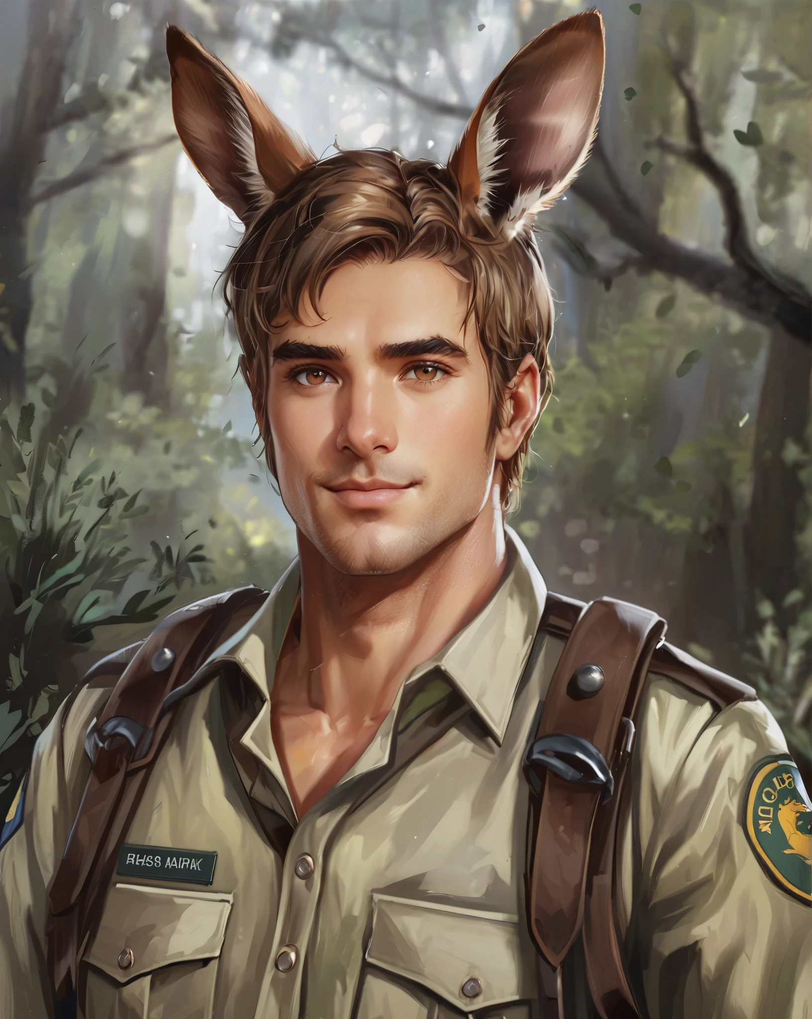 semi-realistic, digital artwork, detailed, high quality, male, human kangaroo hybrid. Handsome, olive skin, brown eyes medium-brown hair. Wearing a forest ranger uniform, in front of a slightly out of focus forest background. He looks friendly and approachable. Has the ears of a kangaroo on top of his head but otherwise human looking. Slim but athletic, masterpiece, best quality, bokeh