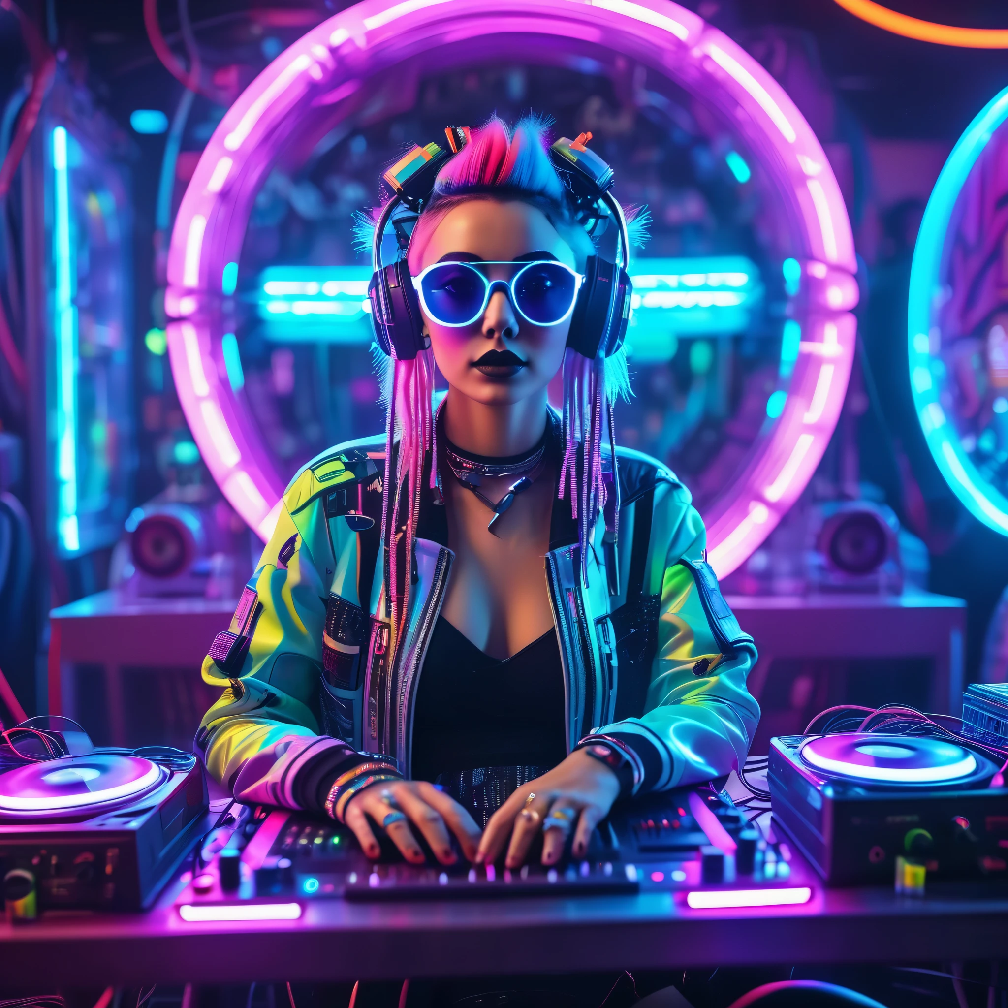 Junge, "Cyberpunk DJ lady with a cool neon head set, colorful neon lights all around, multi-colored hair, multi-colored, front view, cool open jacket and crop top shirt, rocking sun glasses, two big LED speakers that light up each side, immersed in a neon-lit environment, vinyl records on turntables with music mixers and turntables in front of them, giving off the thrilling disco vibe of a futuristic nightclub. You can clearly see the large neon sign on the wall that reads "cafe tuselak"