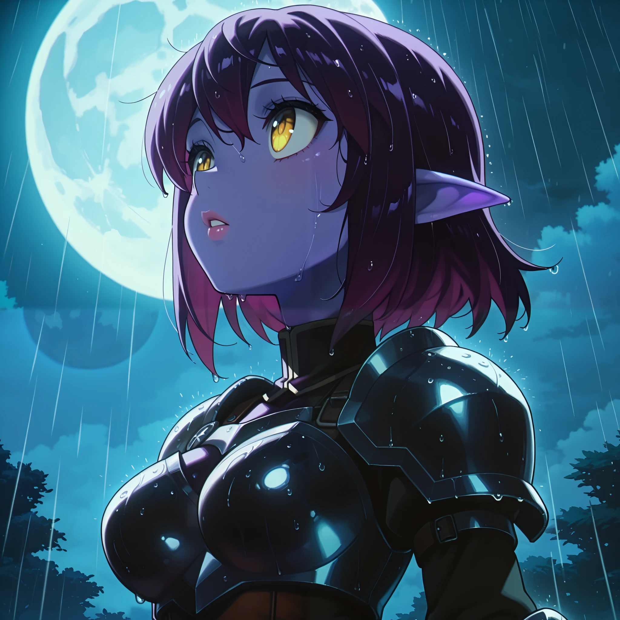 masterpiece, best quality, amazing quality, (Anime Screencap:1.2). BREAK. 1girl, pointy ears, solo, colored skin, rain, night, yellow eyes, moon, purple skin, armor, short hair, upper body, breasts, purple hair, outdoors, wet, parted lips, elf, medium breasts, full moon, lips