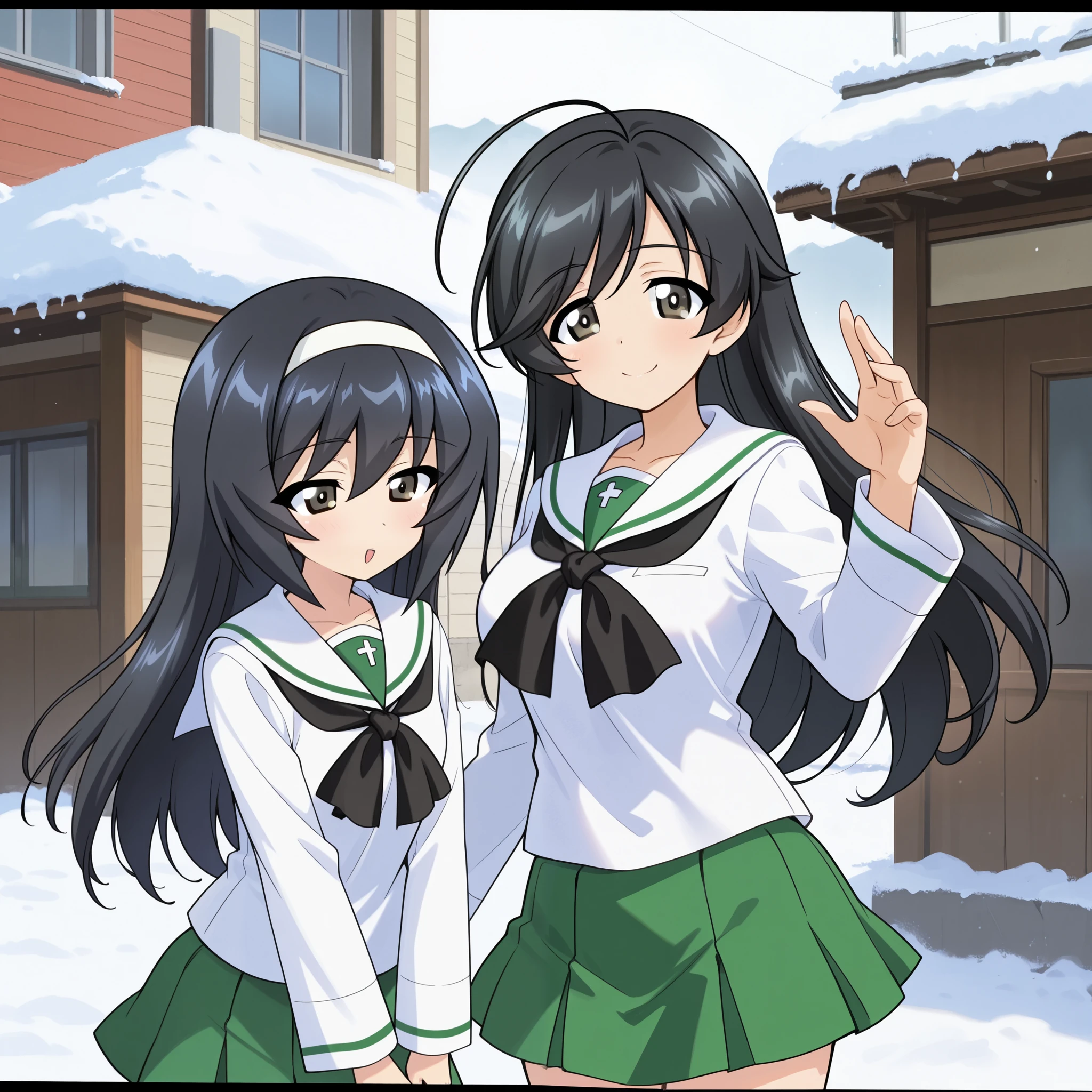 high resolution, best quality, Super Quality , two girls、smile、(Reizei Mako、 black hair_Hair band、 Brown Eyes)、(Isuzu Hana , black hair, long hair, stupid hair, black eyes :1.3)、Uniform up、 ( Oarai school uniform :1.3),White sailor collar, black neckerchief , white shirt, Long Sleeve , Green Skirt 、 outdoor、snow、真っ白なsnow木