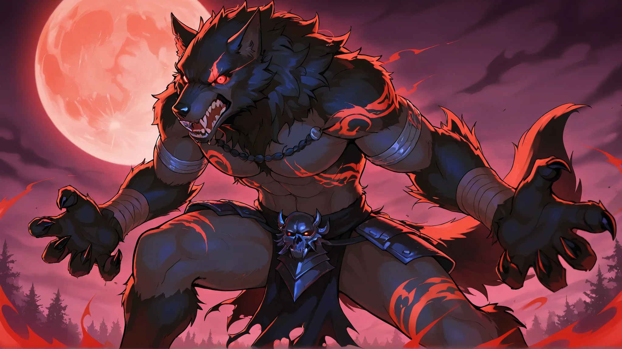 A towering, fearsome werewolf boss standing in a dominant, battle-ready pose. Its muscular body is covered in dark, shaggy fur that bristles with power, and its sharp claws gleam menacingly under the moonlight. Its glowing red eyes radiate intelligence and malice, fixed in a piercing gaze that commands respect and fear. Massive fangs are bared in a ferocious snarl, emphasizing its predatory nature. The werewolf wears torn, ancient armor decorated with tribal symbols, signifying its status as a powerful leader. Surrounding it are shadows of its pack, lurking in the darkness, loyal and ready to attack at its command. The background is a haunted forest under a full moon, with twisted trees and thick fog adding to the ominous and terrifying atmosphere. The scene is dramatic, intense, and full of raw power, capturing the essence of an unstoppable alpha werewolf boss.