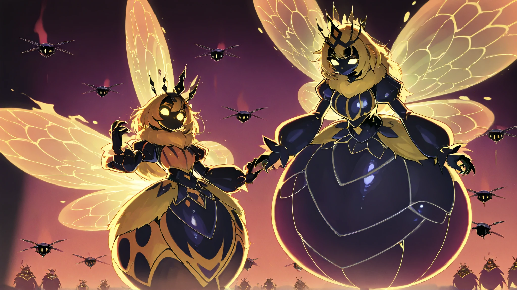 "A terrifying queen bee monster boss, towering and majestic with a menacing presence. Her body is a grotesque fusion of humanoid and insect features, adorned with gleaming, chitinous armor that reflects a golden, ominous glow. Massive, translucent wings buzz with power, creating a sense of tension and danger. Her multiple glowing eyes radiate intelligence and cruelty, and her elongated limbs end in sharp, clawed appendages. She stands atop a hive throne made of twisted honeycomb and pulsating organic matter, surrounded by swarms of loyal, ferocious drone minions. The atmosphere is dark and eerie, with a sickly yellow mist filling the hive's cavernous chambers, enhancing her ominous and fearsome aura.