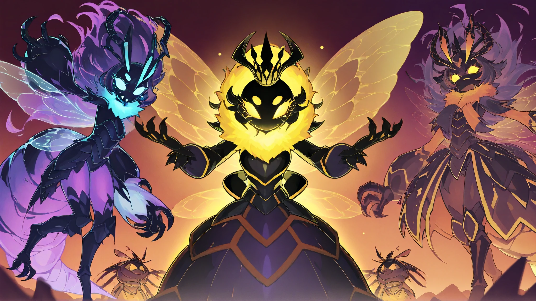 "A terrifying queen bee monster boss, towering and majestic with a menacing presence. Her body is a grotesque fusion of humanoid and insect features, adorned with gleaming, chitinous armor that reflects a golden, ominous glow. Massive, translucent wings buzz with power, creating a sense of tension and danger. Her multiple glowing eyes radiate intelligence and cruelty, and her elongated limbs end in sharp, clawed appendages. She stands atop a hive throne made of twisted honeycomb and pulsating organic matter, surrounded by swarms of loyal, ferocious drone minions. The atmosphere is dark and eerie, with a sickly yellow mist filling the hive's cavernous chambers, enhancing her ominous and fearsome aura.