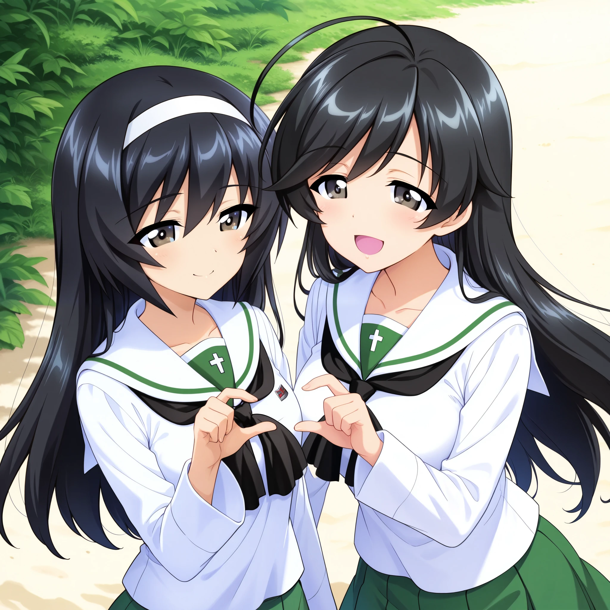 high resolution, best quality, Super Quality , two girls、smile、(Reizei Mako、 black hair_Hair band、 Brown Eyes)、(Isuzu Hana , black hair, long hair, stupid hair, black eyes :1.3)、Uniform up、 ( Oarai school uniform :1.3),White sailor collar, black neckerchief , white shirt, Long Sleeve , Green Skirt 、 outdoor、sea、Pure white sand、beach