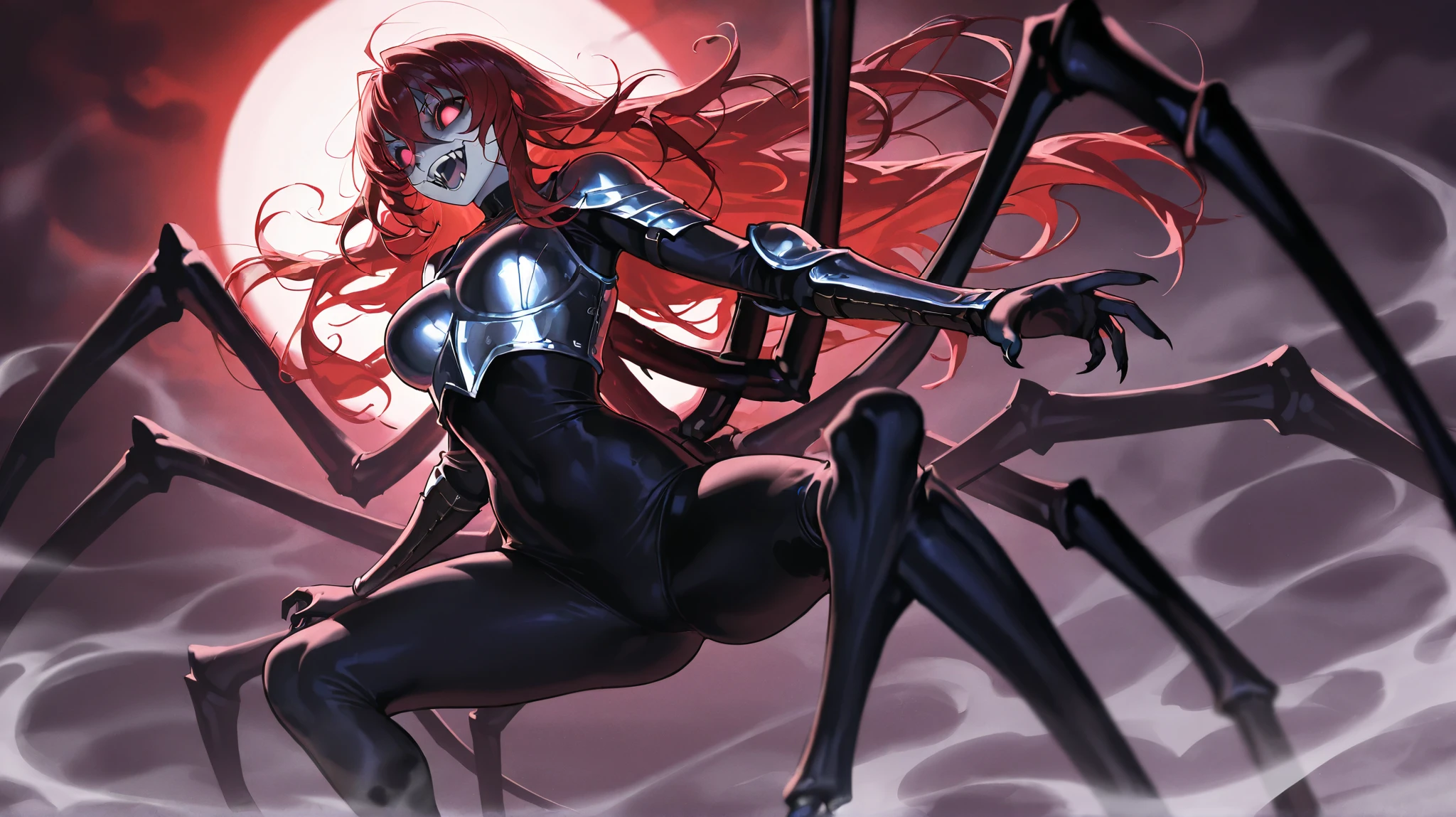 A terrifying Arachne monster boss, towering with a fearsome and majestic presence. Her upper body is that of a beautiful yet sinister woman with pale, ghostly skin and glowing, malevolent eyes. Her long, flowing hair moves as if alive, adding to her eerie and commanding aura. From the waist down, her body transforms into that of a gigantic, nightmarish spider, covered in sharp, chitinous armor with venomous fangs and powerful, spiked legs. She stands amidst a vast, shadowy lair filled with twisted webs that glisten with a haunting, otherworldly glow. Cocooned victims and skeletal remains are scattered around, emphasizing her predatory nature. The atmosphere is dark and foreboding, with fog and dim lighting enhancing her terrifying and dominant presence as the queen of the web.