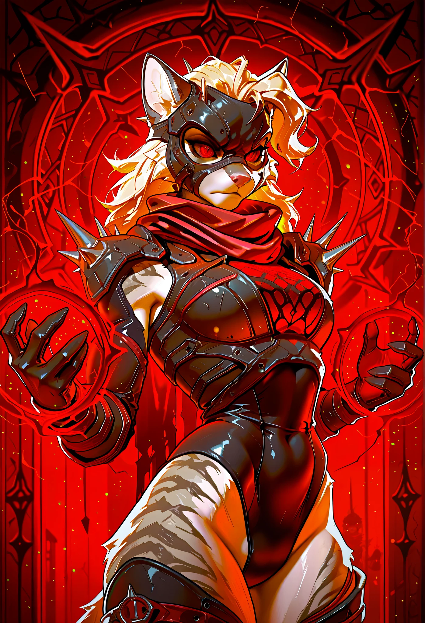 best quality, masterpiece, Absurd res, katxl, suem4lice, melanch0ly, 1girl, solo, red eyes, blonde hair, snout, pink nose, serious expression, grey striped fur, leotard, scarf, shoulder spikes, mask, armor, magic, red theme,