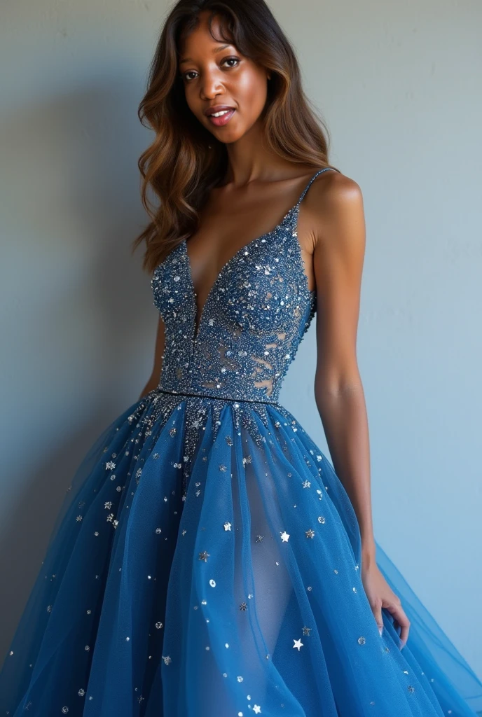 Short dress, glued with loose skirt, navy blue with silver and white glitter details. Short dress for civic parade