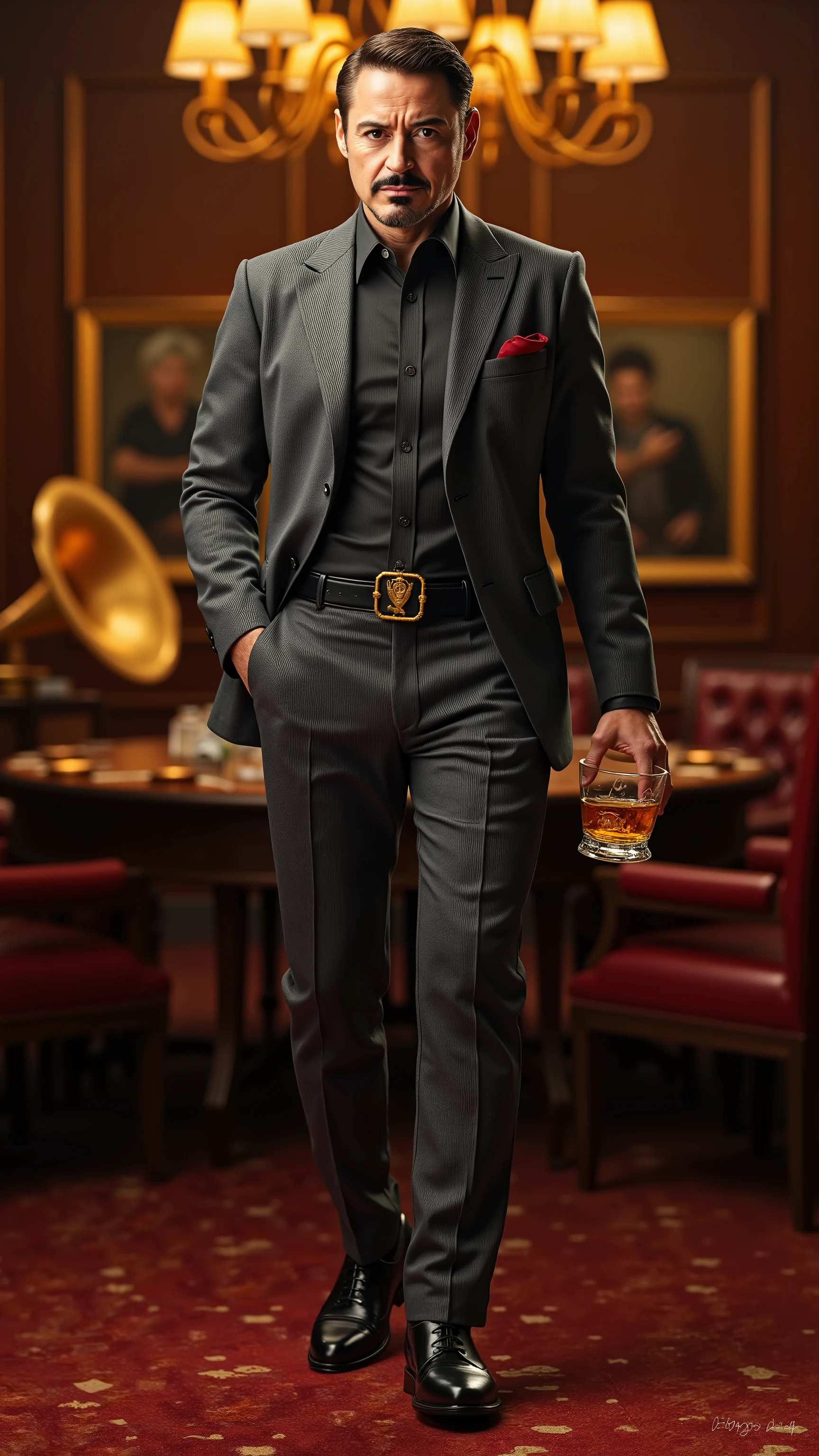Robert Downey Jr. reimagined as a as a mafia boss walking and holding a crystal glass of top-shelf whiskey、dramatic atmosphere, 1 male、
sharp, confident gaze with a smirk that exudes charm and authority. His neatly trimmed beard and slicked-back dark hair with silver streaks add to his refined yet dangerous aura. His piercing brown eyes observe everything with calculated precision, making him both charismatic and intimidating.
He wears a perfectly tailored three-piece charcoal gray suit with subtle pinstripes, exuding power and sophistication. The jacket has silk lapels, and a deep burgundy silk pocket square peeks from the breast pocket. Underneath, a crisp black dress shirt is buttoned up with a custom gold tie clip featuring an engraved lion emblem. A gold Rolex with a diamond-studded bezel glimmers on his wrist, while a thick gold signet ring, embossed with his family crest, rests on his pinky finger. A sleek black leather belt with a gold buckle secures his perfectly pressed trousers. In his right hand, he holds a crystal glass of top-shelf whiskey.
, shows his male character's full figure, athletic body, perfect face, full body, extremely beautiful, god, male shape, perfect anatomy, The background showcases A lavish private lounge with dim golden lighting, dark mahogany walls, and leather armchairs. A grand chandelier casts a soft glow over a poker table scattered with chips, a vintage phonograph playing smooth jazz in the background, photorealistic, masterpiece, realistic, high contrast, 8k, HD, high definition detailed, detailed, hyper detailed, realistic skin texture, best quality, ultra high resolution, hyper realistic, no text, very detailed eyes, dramatic lighting