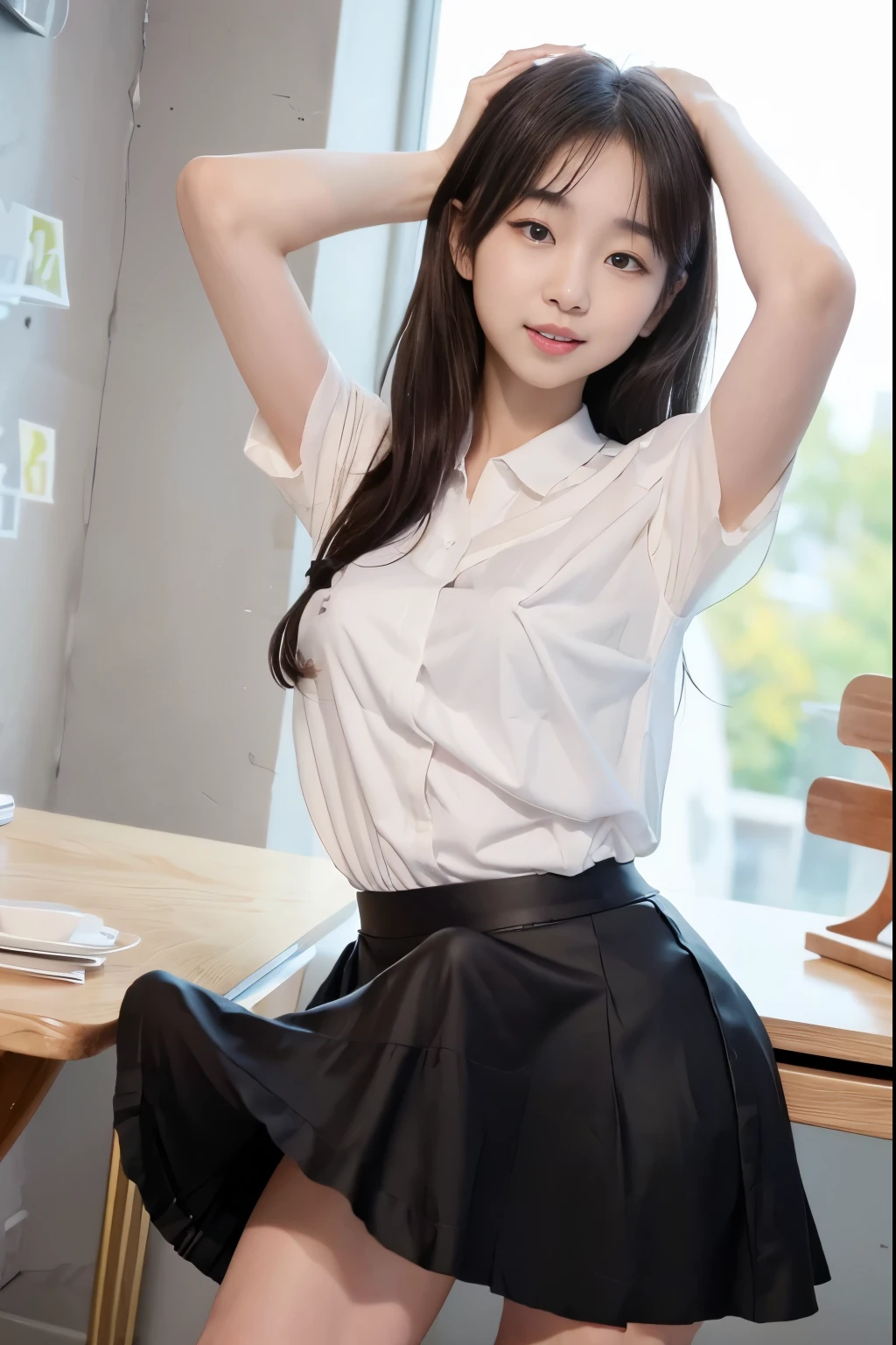1 girls,sit in The desk, two finger pose,Black hair,long hair,White uniform,shirt short,Brown hair,smile,hd,Brown eyes,detail,detail hand pose,face detail,big milk