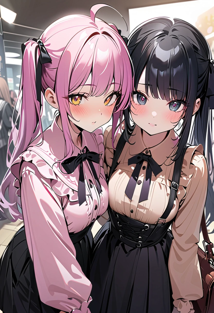 (​masterpiece、top-quality、ultra-detailliert)、((1 girl))、((Pink hair twin tails))、light blue  eyes、evilsmile、piercings、((very Bigger breasts))、jirai fashion、pink clothing、frilld、a black ribbon、Black miniskirt、cowboy  shot、Downtown background at night