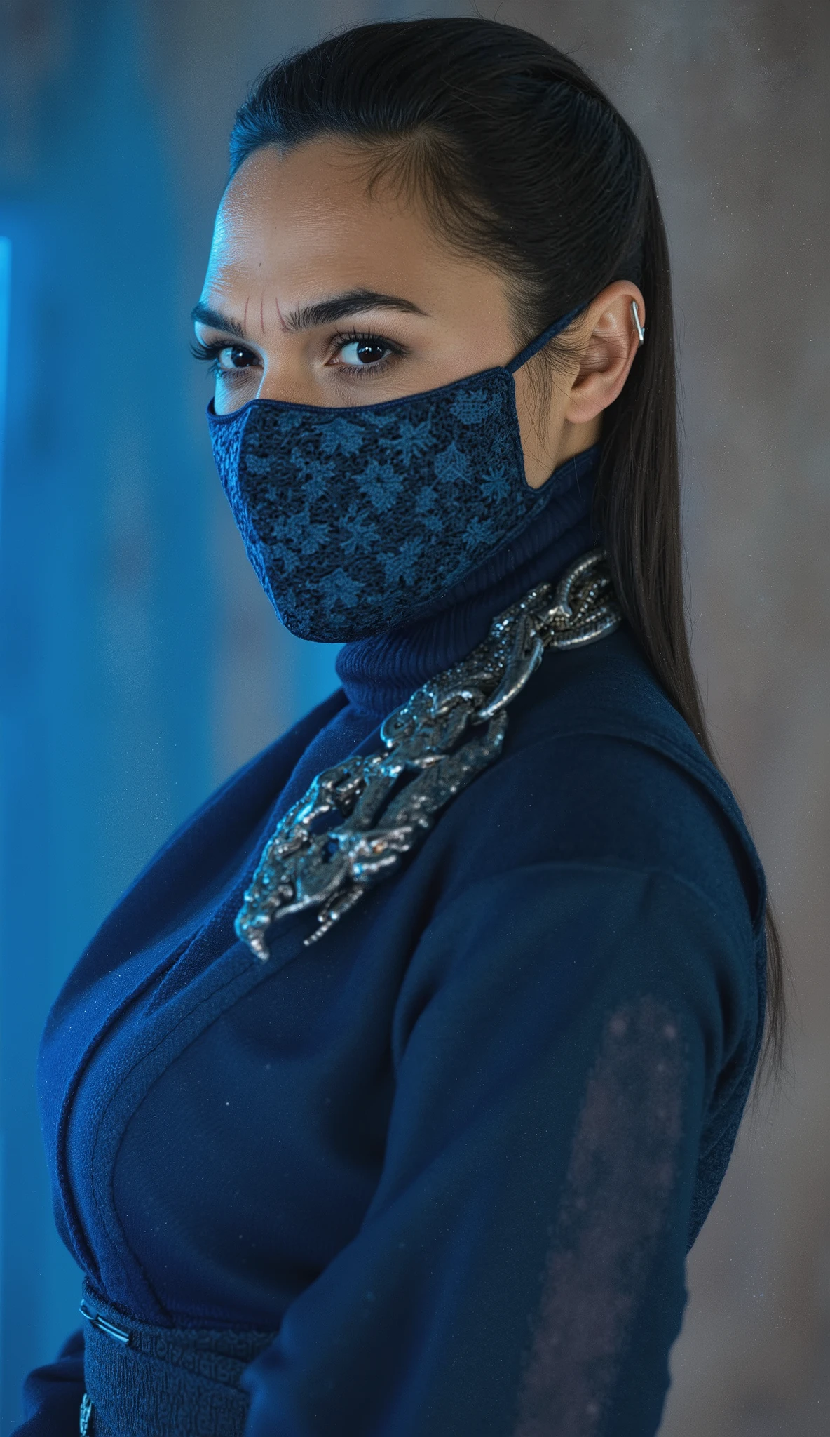 Gal Gadot emerges as the warrior Kitana in an impressive reinterpretation of the iconic character of * mortal kombat*. Wearing a deep blue ninja costume , made of elegant fabrics reinforced with metallic details , she exudes the perfect combination of grace and lethality . Her penetrating eyes shine behind the blue mask adorned with subtle patterns , hiding your expression, but revealing the determination of a warrior princess . Dark and long hair flows smoothly , framing her face with a real touch , while she embodies Hold your steel fans masterfully . Every move is accurate, charged with discipline and strength , reflecting years of training in martial arts . The aura around her vibrates with mystical energy , evoking the chopping winds of Edenia , her kingdom of origin . on the battlefield, her presence is as mesmerizing as it is lethal , imposing respect on allies and fear on enemies . with a firm posture and a determined look , Gal Gadot like Kitana represents the essence of warrior royalty : Beleza, honor and an unparalleled power .