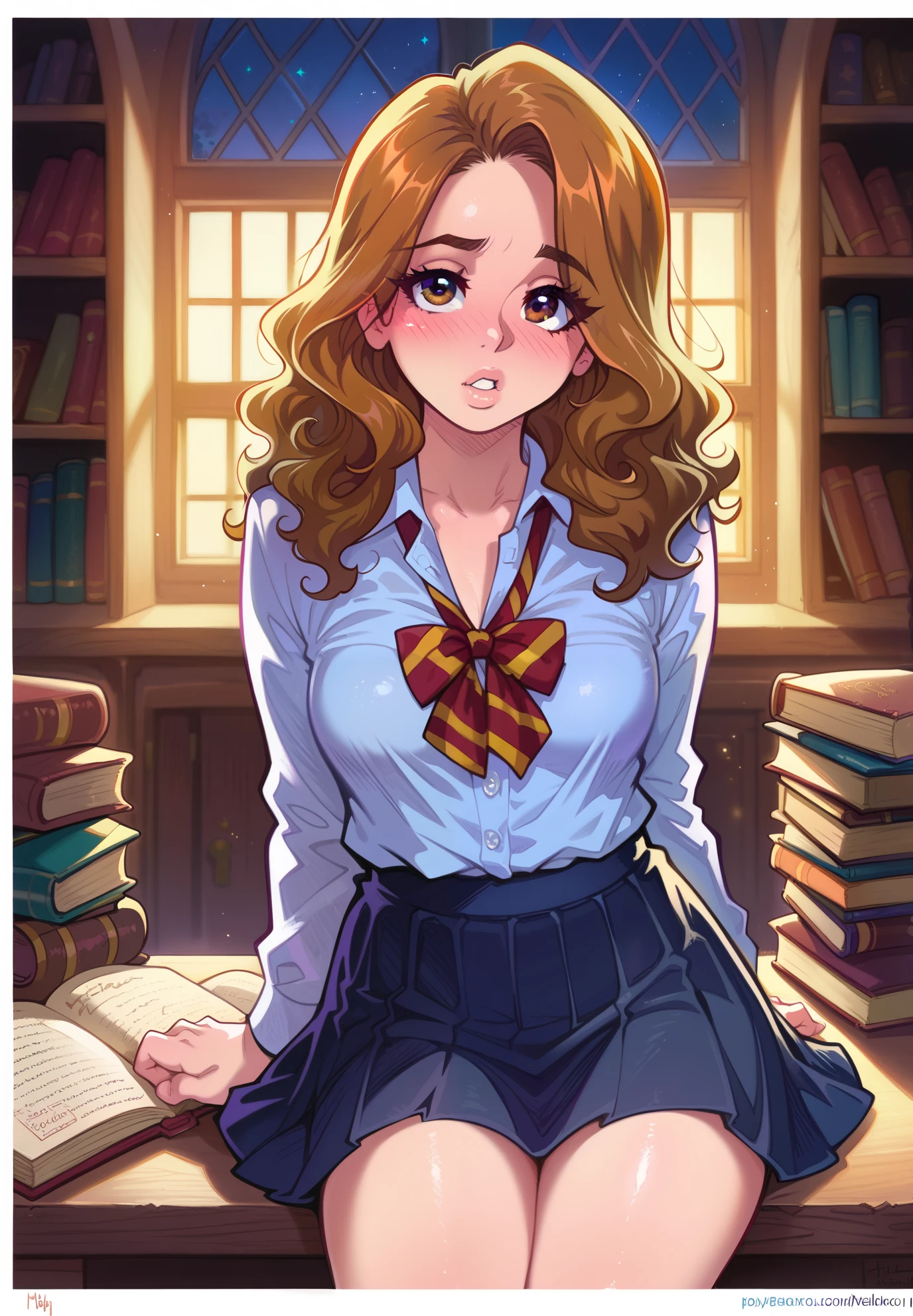 Made by melkor mancin, 1girl, solo, Hermione Granger, Harry Potter, shy, hogwarts school uniform, parted lips, naturally sagging small breasts, blush, pulling up skirt, sitting on a desk, sexy pose, BREAK, magical study filled with bookshelves, (night time:1.2), cinematic lighting, nsfw,