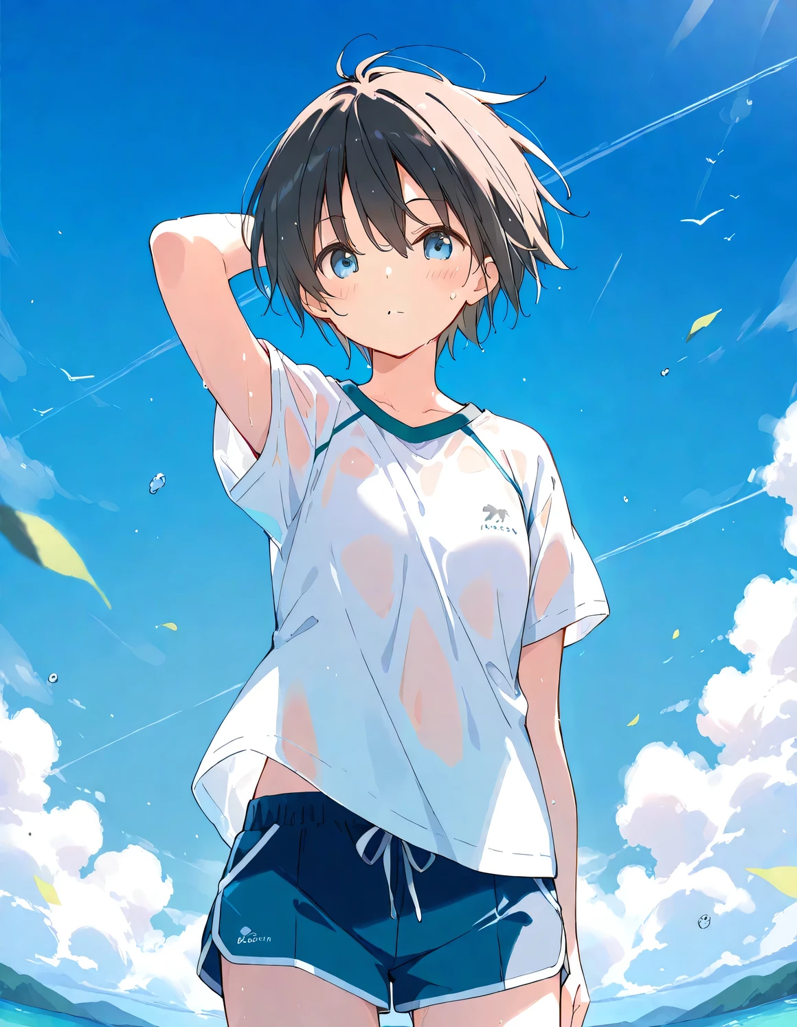 (masterpiece), (best quality), (ultra-detailed),artist:kokonoka, 1girl, tomboy, shorts, sweat, outdoors, wind,