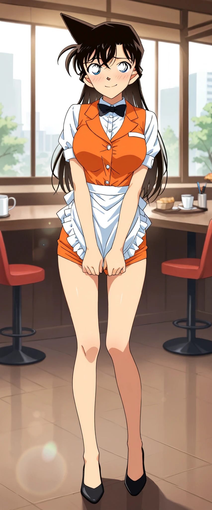 score_9, score_8_up, score_7_up,1girl,solo,mouriranai,mouri ran,meitantei conan,brown hair, blue eyes, long hair, breasts, large breasts, lens flare, medium breasts,no bura,no panties,BREAK,waitress, orange micro mini pencil skirt,holding trsy,BREAK,blush,embarrassed,forced smile,standing,hold skirt,from front,full body,indoor,cafe