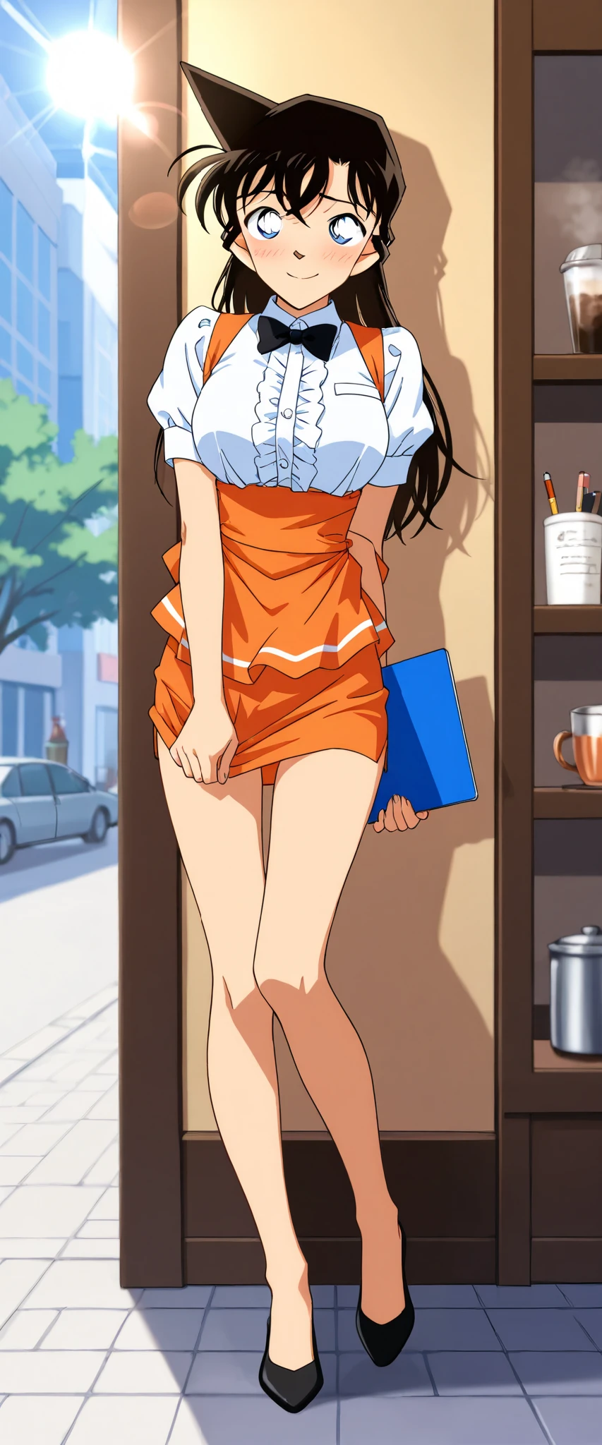 score_9, score_8_up, score_7_up,1girl,solo,mouriranai,mouri ran,meitantei conan,brown hair, blue eyes, long hair, breasts, large breasts, lens flare, medium breasts,no bura,no panties,BREAK,waitress, orange micro mini pencil skirt,(holding trsy),BREAK,blush,embarrassed,forced smile,standing,holding on skirt,from front,full body,indoor,cafe