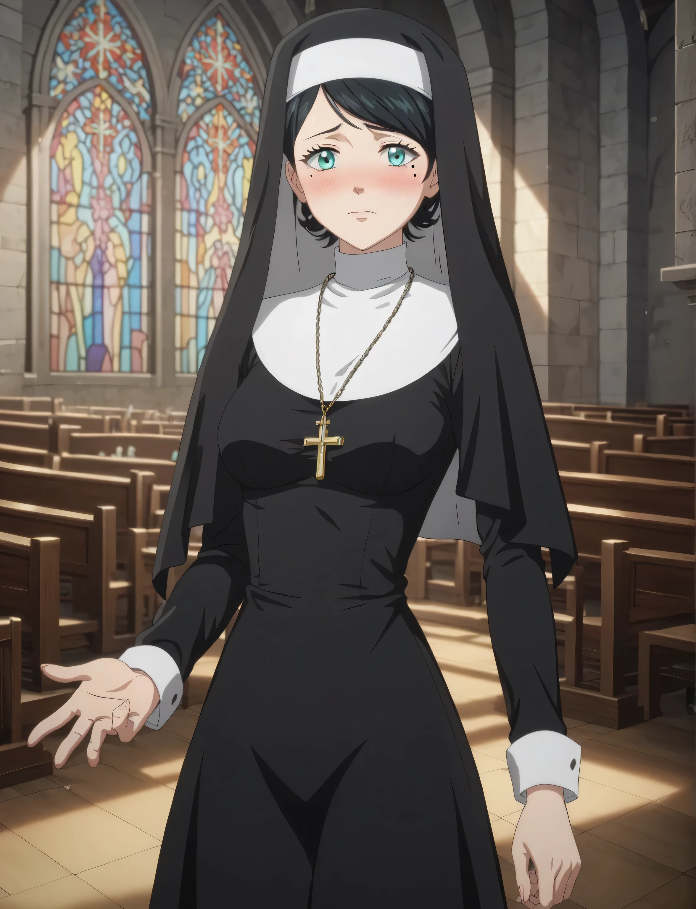 masterpiece, best quality, anime screenscap, lily aquaria, black hair, swept bangs, aqua eyes, mole under eye, ((young female, sexy body, medium breasts)), black clothing, nun outfit, headdress, jewelry, cross necklace, skirt, natural shading, perfect fingers, perfect body, embarrassed, indoors, church,