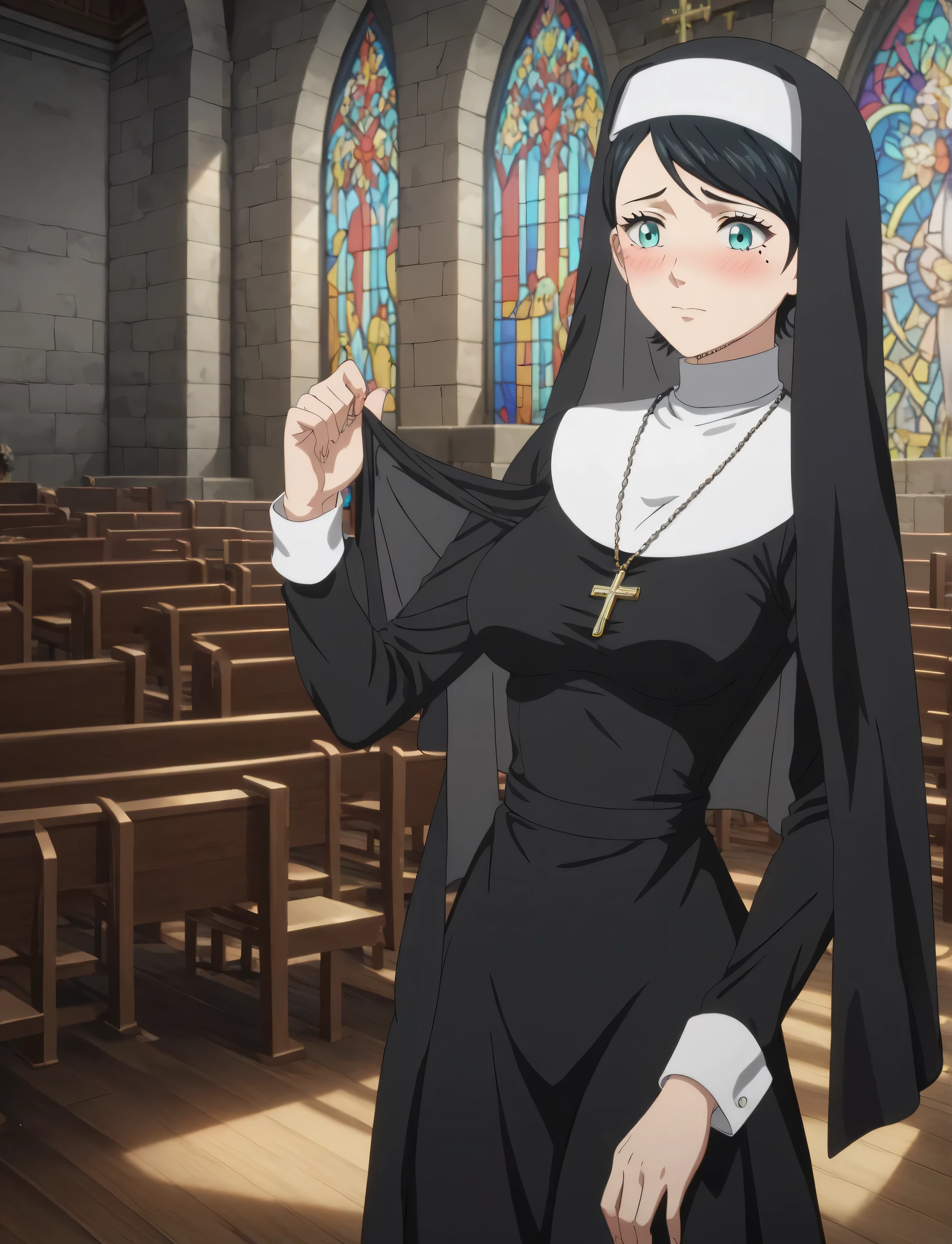 masterpiece, best quality, anime screenscap, lily aquaria, black hair, swept bangs, aqua eyes, mole under eye, ((young female, sexy body, medium breasts)), black clothing, nun outfit, headdress, jewelry, cross necklace, skirt, natural shading, perfect fingers, perfect body, embarrassed, indoors, church,