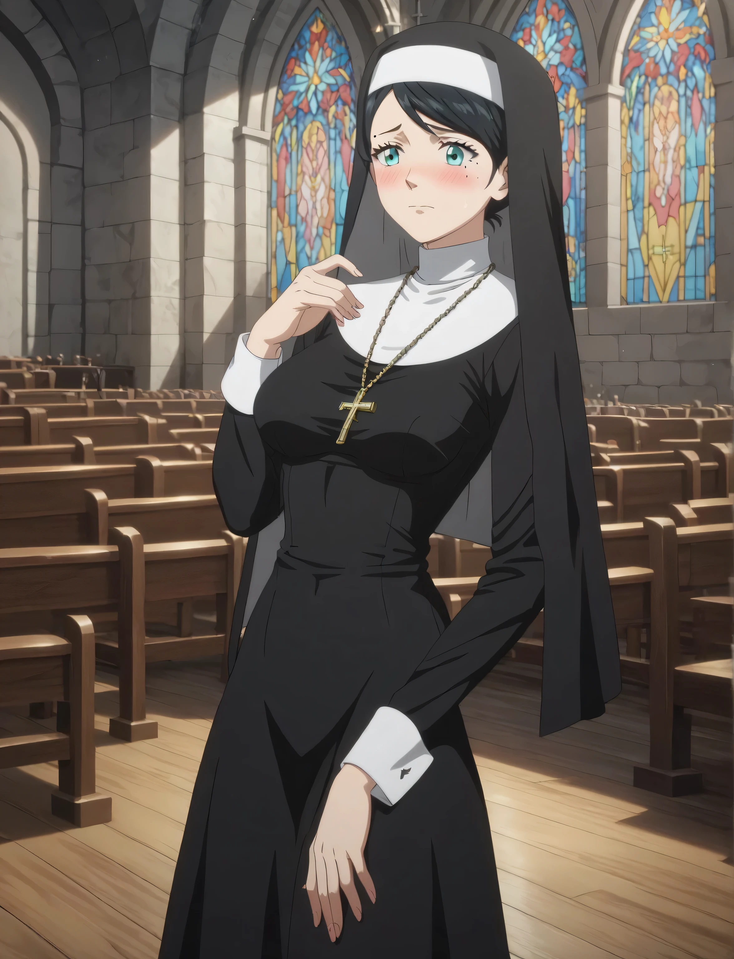 masterpiece, best quality, anime screenscap, lily aquaria, black hair, swept bangs, aqua eyes, mole under eye, ((young female, sexy body, medium breasts)), black clothing, nun outfit, headdress, jewelry, cross necklace, skirt, natural shading, perfect fingers, perfect body, embarrassed, indoors, church,