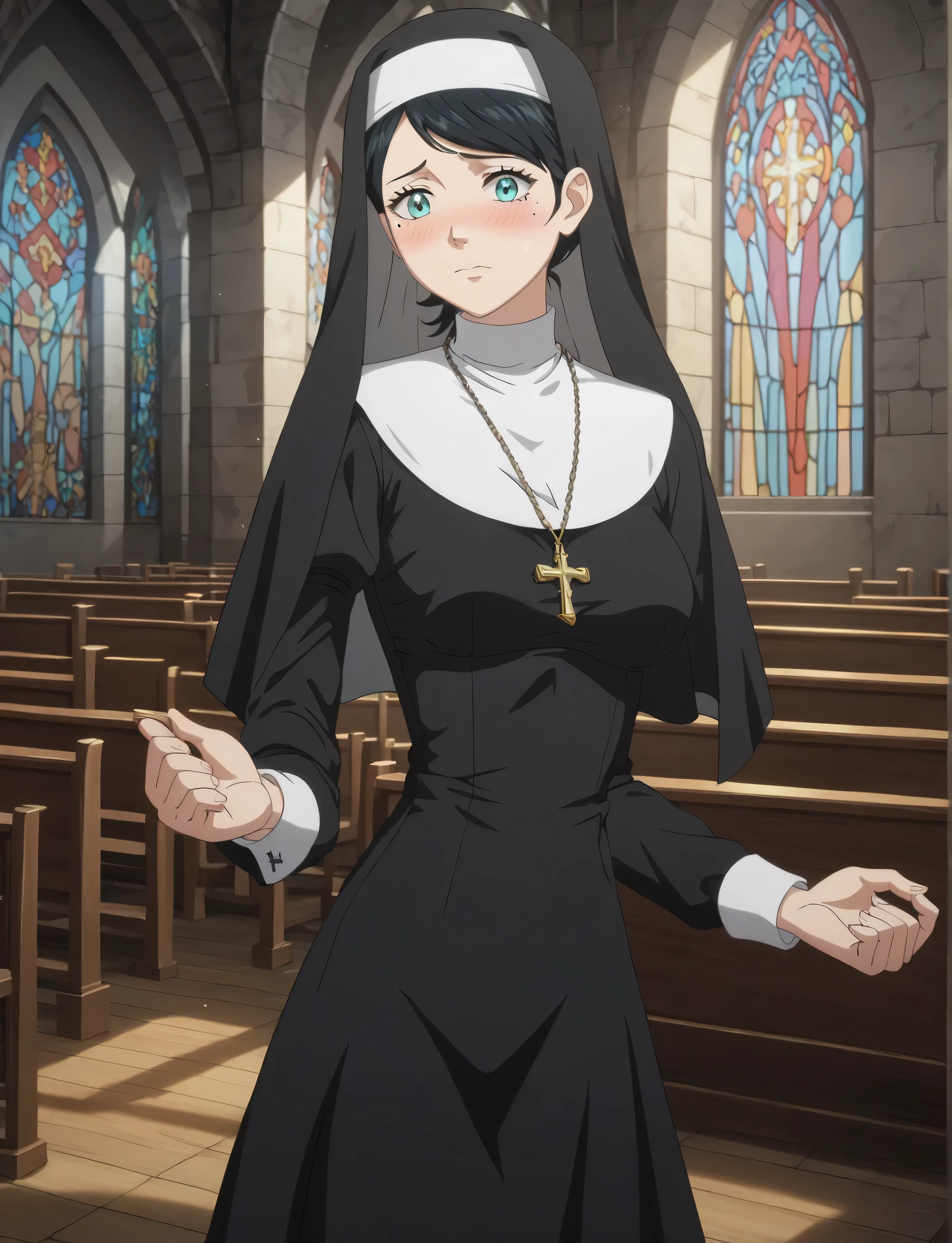 masterpiece, best quality, anime screenscap, lily aquaria, black hair, swept bangs, aqua eyes, mole under eye, ((young female, sexy body, medium breasts)), black clothing, nun outfit, headdress, jewelry, cross necklace, skirt, natural shading, perfect fingers, perfect body, embarrassed, indoors, church,