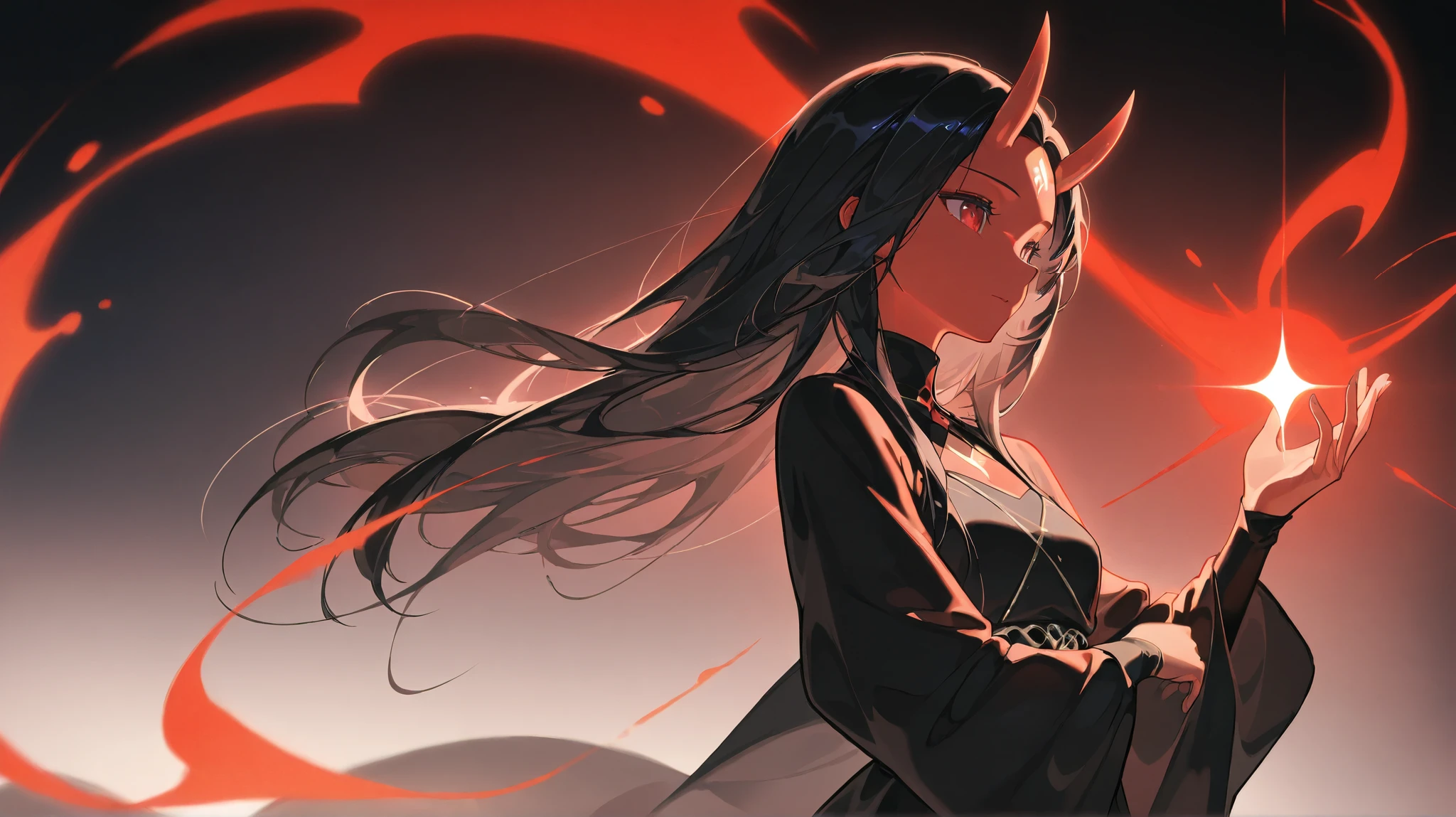 "A beautiful oni woman with long, sleek black hair and striking red eyes that gleam with a cool, mysterious allure. Her skin is a smooth, deep red, emphasizing her demonic yet elegant appearance. Small, subtle horns protrude gracefully between her forehead and hairline, adding a touch of otherworldly charm. Her expression is calm and composed, exuding a cool and collected aura. She wears a refined, traditional outfit with a modern, minimalist design, enhancing her graceful and clean look. The background is softly blurred, highlighting her regal and serene presence, creating an atmosphere of quiet elegance and mystique.