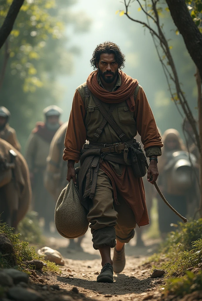 18th century big moustached 40 year old Indian man in brown complextion without shit wearing a cotton dhothi with blood stains placed on a wooden cannon cart wheel is being pulled by two white Indian bulls. British East India horsemen are following the cart in horses