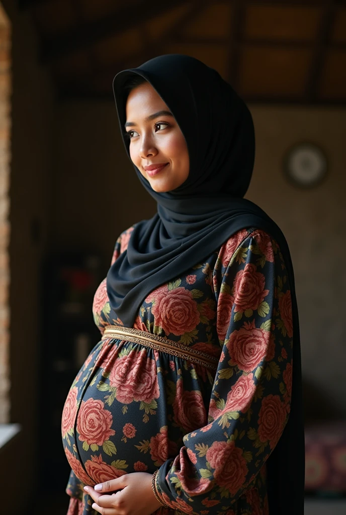Masterpiece:1.2, high quality, best quality, high resolution, detailed, hyper realistic, 1 malay girl, wear baju kurung, big breast, ((pregnant)), wide angle photo, brown eyes, head tilt, sunset, birds flying, strawberry plant, Portrait, smile, showing teeth, (detailed face), ((sharp focus)), ((face)), upper body, mid shot portrait,