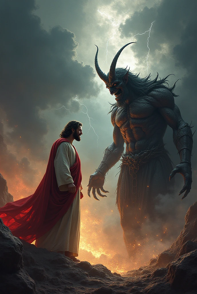 Jesus kicked on big muscular devil face