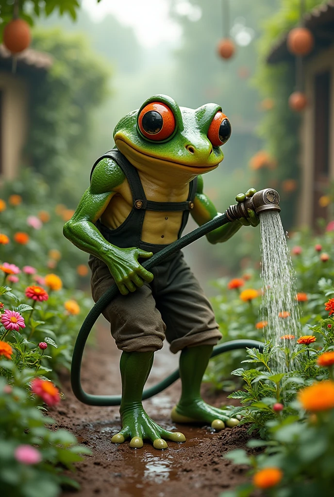 Retro Images，Storytelling，Tree frog，Ultra-realistic，high resolution，Frog is a farmer
