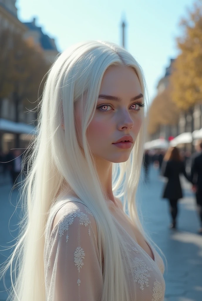 A pretty blue-eyed  Instagram model with very long straight snow-white hair with a realistic natural pale porcelain complexion on an oval face. She is walking along a busy Milan street wearing a beautiful fashionable outfit, turning heads with her immaculate beauty and joy of life.