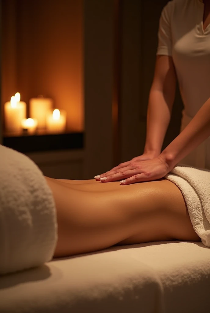 In a private and cozy environment, A seductive woman on her back receives a massage from a specialist while resting comfortably on the massage table. The focus of the massage is on reducing fat and sculpting the figure., with precise and effective movements applied to the buttocks and tail area. The calm atmosphere and expert touch provide not only a feeling of relaxation, but also a boost to your physical and aesthetic well-being