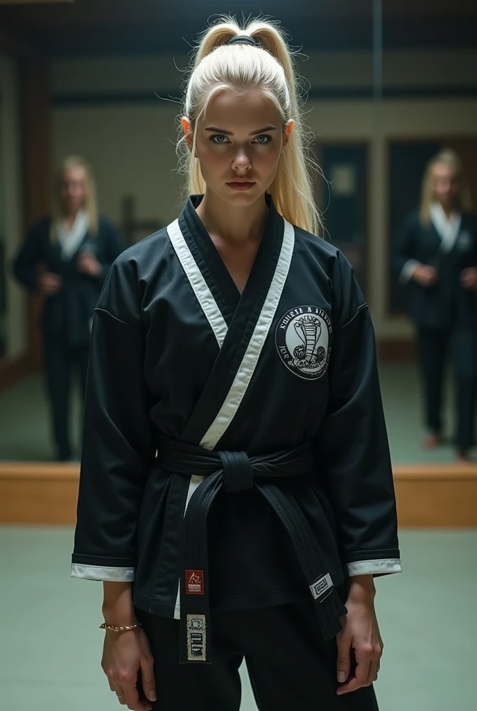 nice latin gilr, long blond hair, intense blue eyes, simple clothes,Pure white karate uniform.,white collar,karate stance,high school girls,fighting girl,Martial art,alone, 1 girl, looking at the viewer,white long sleeve,martial arts hall,white pants,plain white clothes,by rubio, deep blue eyes, Love, action
