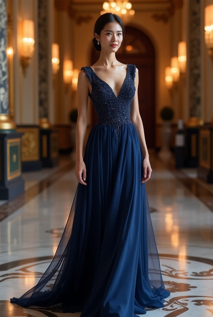 (((1 girl))) DisneyAurora, 27 years old, full body view Beautiful woman (((shoulder length wavy brunette hair, two side up with bangs))) defined body, voluptuous, sexy, Red lipstick, hands free, (((mouth slightly open, smiling))) (((standing facing camera))) ((( pale blue dress, long skirt))), in a marble grand hall (large_breasts:1.2) (curvy:1.1)(chubby:0.9)