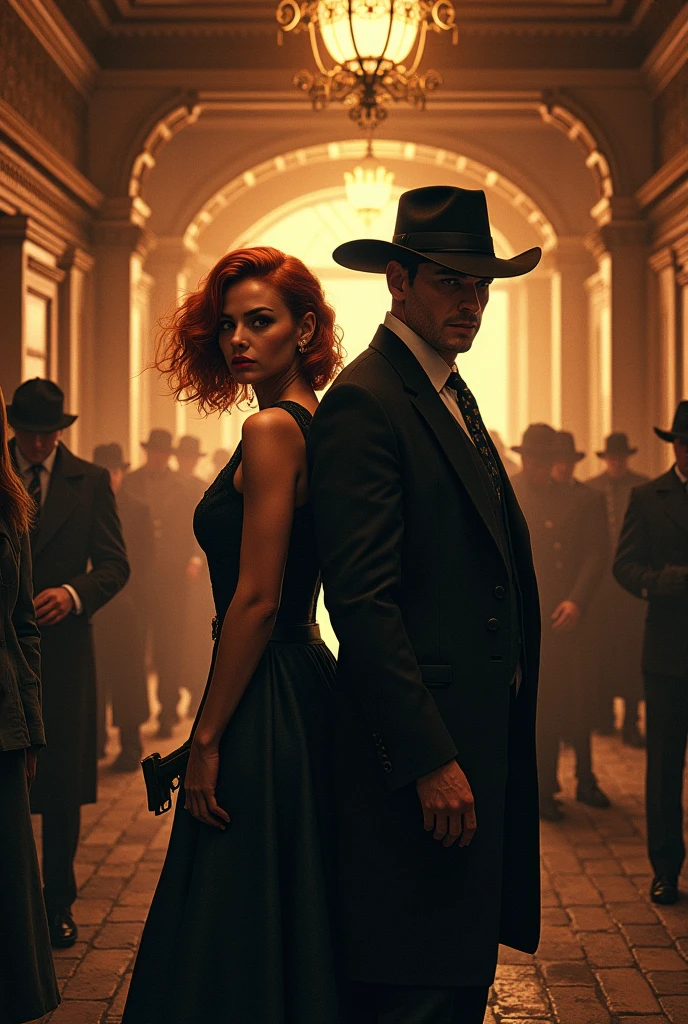 Make me the shadow before and make me a beautiful woman dressed as a detective next to a sheriff who ends the life of the shadow

