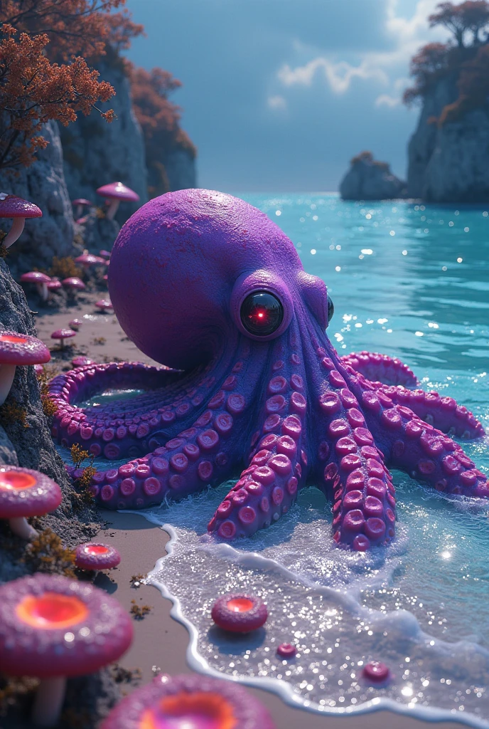 purple radioactive psychedelic octopus from a hallucination on the surface of the magical sea near the coast paradise beach full of hallucinogenic mushrooms on a calm colorful sunny day