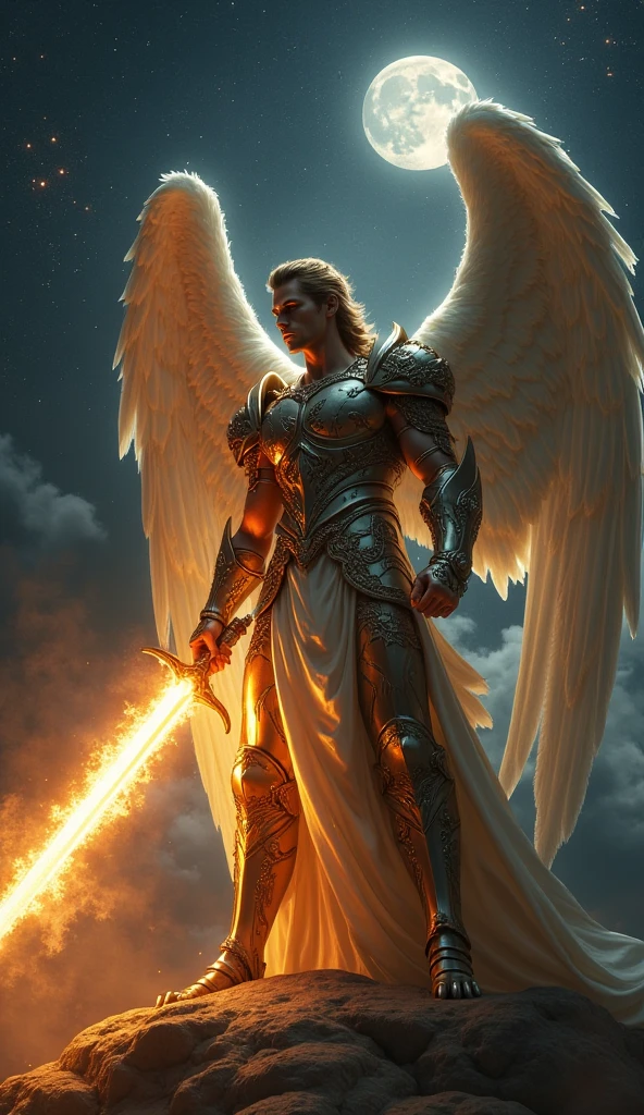 Archangel Michael with a fiery sword in the night - SeaArt AI