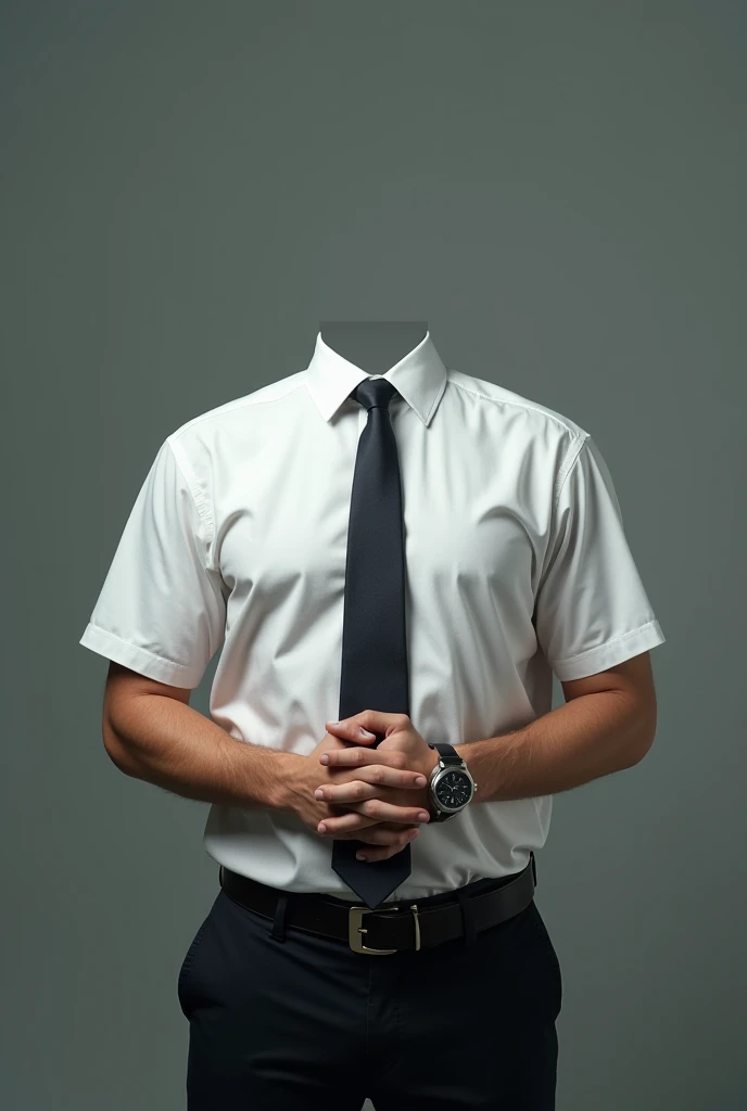 A businessman is wearing a white short arm shirt, a dark tie. The individual has their hands clasped together in front of them and is wearing a wristwatch on their left hand and he has no head