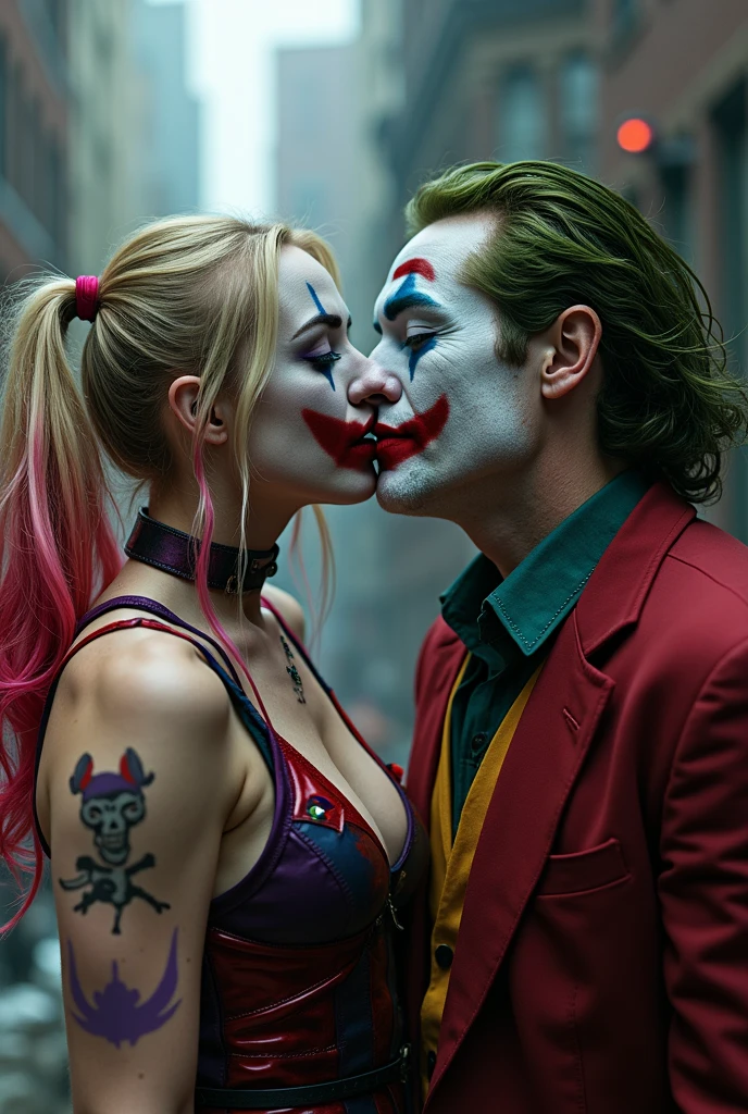 "Create an image of a clown-style character with artistic makeup smudged in red, yellow and blue. He is holding a silver blade and his tongue is gently touching it.. There is a red liquid running down the blade, suggesting a mystery scene. Make the image look like a game poster, deve estar escrito laugh louder
