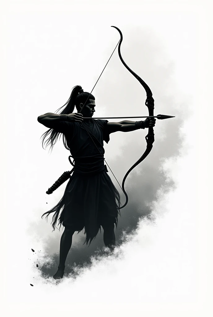 Orixá Oxossi in black and white shooting an arrow with a hat with some feathers