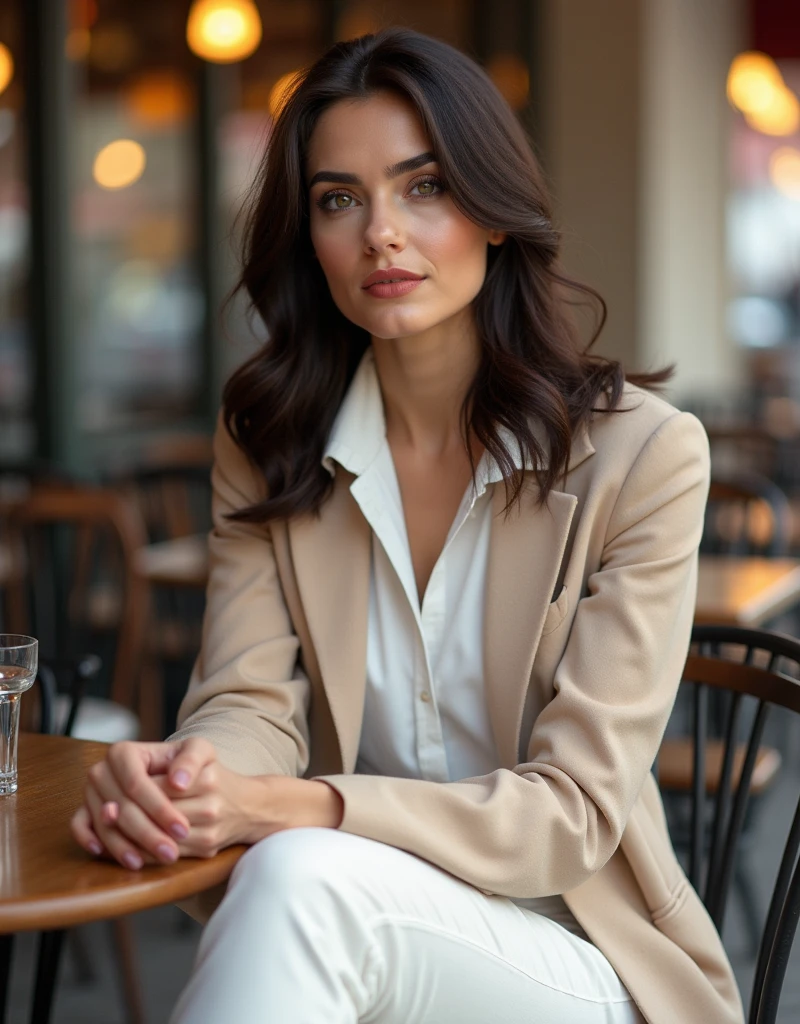 1 mulher adulta, beautiful Bollywood supermodel, , cabelo comprido, cabelo cacheado, cabelo cor preto, pele suave, olhos castanhos, sorrir, vegetation, Occasional, Businesswoman fitness style clothes, blaser marrom claro, realista, com fundo em um restaurante chique, 8k super realista, super detalhado e realista, superb lighting, shining skin, white complexion, beautiful gorgeous face, beautiful body, beautiful eyes nose lips coffees with friends 