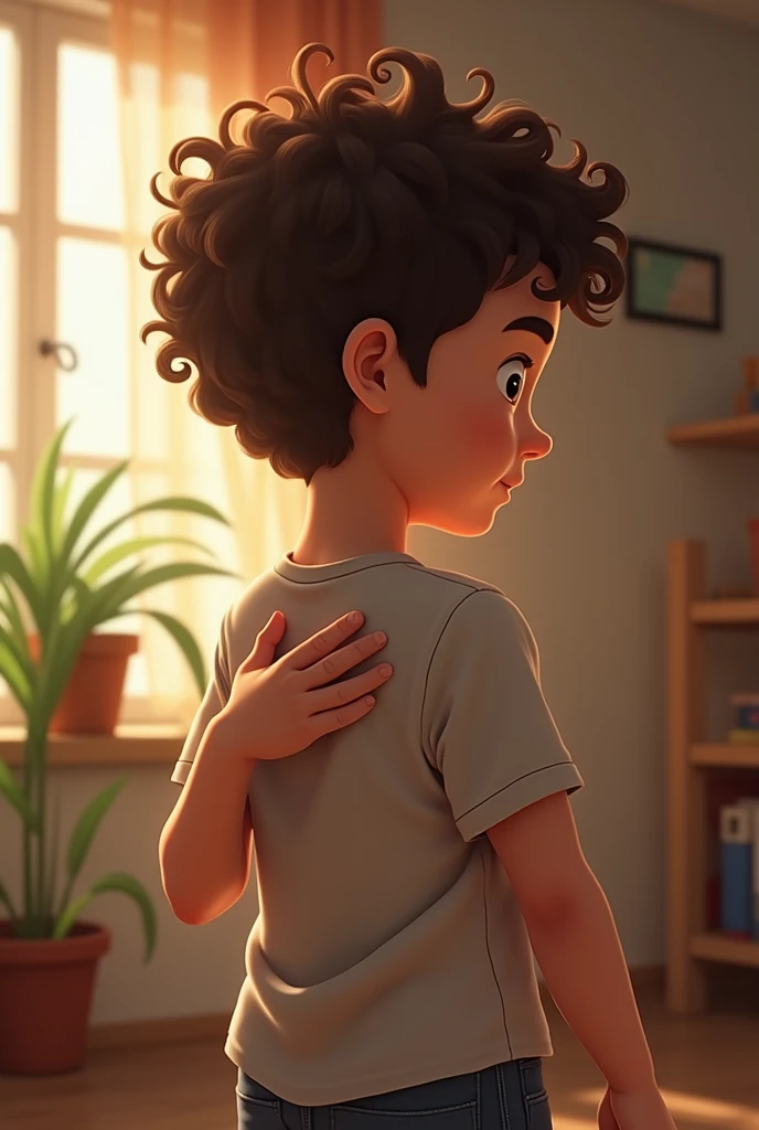 The curly brown haired boy touches his back, he is at home