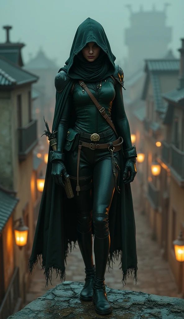 make a rogue with a big bust, carrying a poisoned dagger and a bag of gold in an alley-like environment