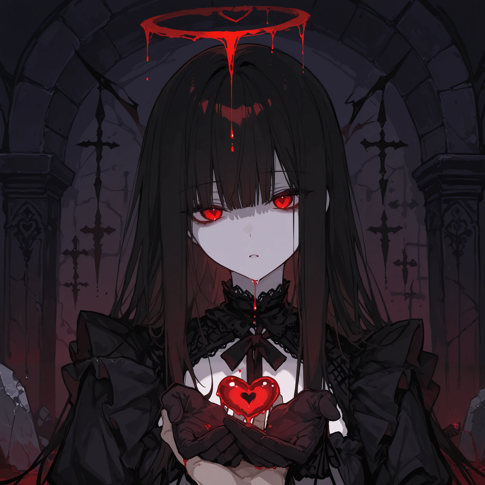 masterpiece, best quality, ultra-detailed, dark fantasy, xxx667_illu,1girl, holding a dripping red heart in her gloved hand, black gothic dress, somber expression, long dark hair with bangs, fragments of a broken halo above head, ominous dark indoor background, dim candlelight casting eerie shadows, worn stone walls and aged wooden beams, red liquid slowly dripping from the heart, hauntingly beautiful, unsettling atmosphere