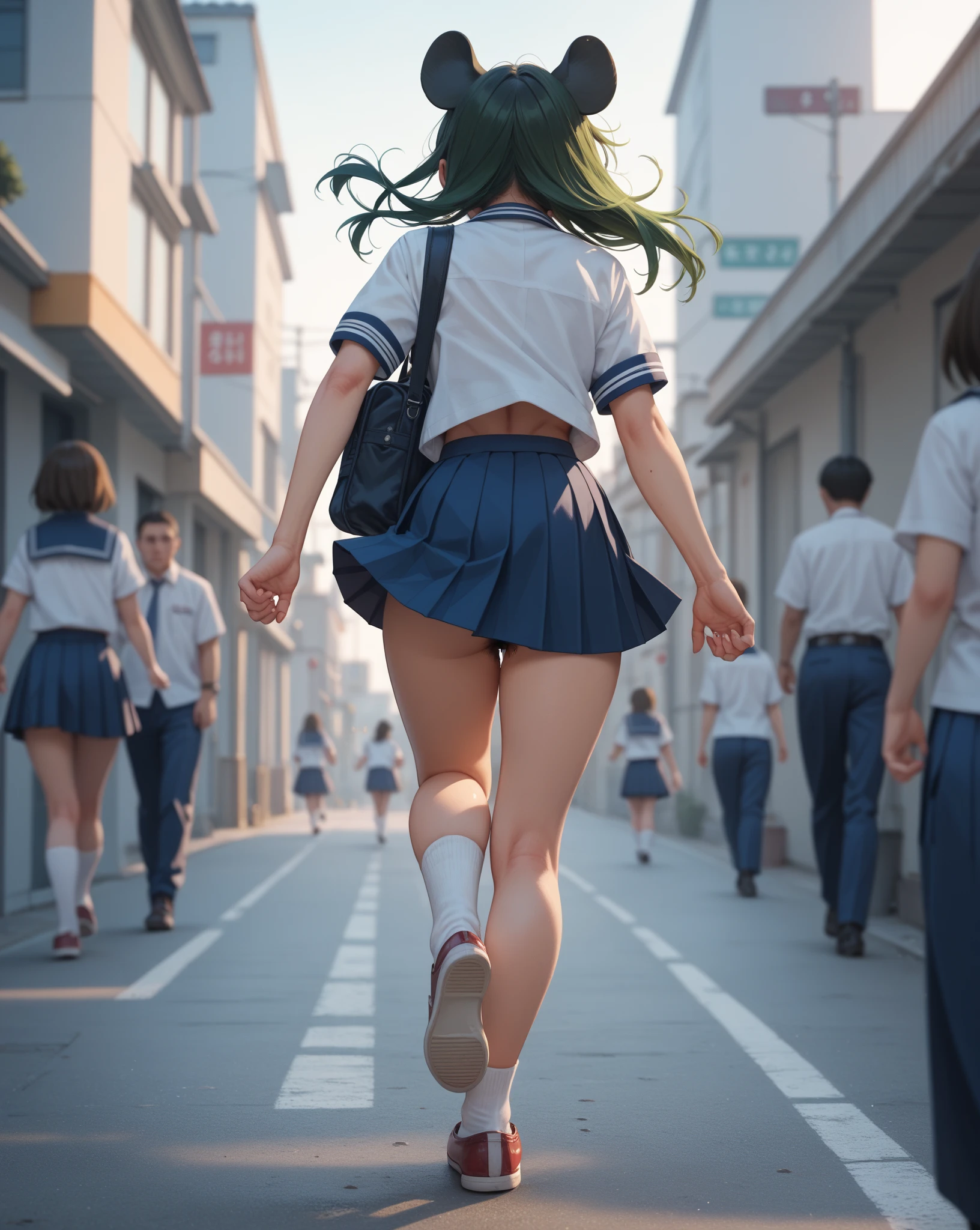 (masterpiece,Highest quality,High resolution,Line art,Anime Style:1.2),(One high school girl:1.2), (((White polo shirt), Navy blue pleated skirt),(White sneakers),White socks),(Smiling happily, showing his teeth:1.3),(Straight long hair swaying in the wind,Light green+Light blue hair,Natural Makeup, Eyelash extensions, Make your eyelashes thinner and longer:1.3),(Cowboy Shot:1.3),( old Japanese girl:1.2),(Clothes that look good:1.2),(School corridor:1.3), View the subject from below, (The wind blows her short skirt up, exposing her panties, White children's panties:1.3), (Are standing, Random sexy poses:1.3), (Place your hands behind your head:1.3), (Thick thighs:1.3)