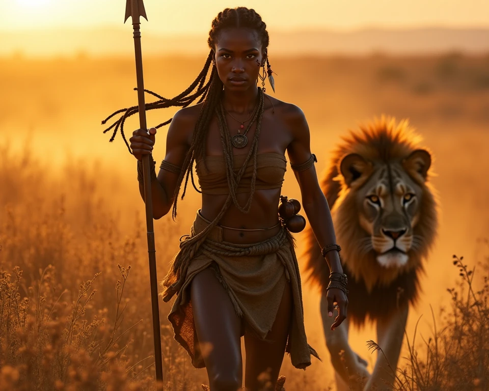 An awe-inspiring African warrior queen, her powerful form cloaked in battle-worn leather and fur, moves stealthily through the tall golden grass of the African savannah. The warm hues of the golden hour cast a dramatic glow on her deep brown skin, highlighting the intricate tribal markings adorning her face. Her piercing eyes are locked onto her prey—a majestic lion, unaware of her presence. The tension in the air is palpable as she grips her finely crafted spear, its sharp edge glinting under the fading sunlight. Her braided hair, adorned with beads and feathers, sways gently as she maneuvers through the terrain with cat-like precision. The environment is alive with subtle motion—the rustling of dry grass, the distant calls of birds, and the soft whisper of the evening breeze. The backdrop is a breathtaking African savannah, bathed in fiery oranges, deep purples, and dusky blues. The sun dips lower, casting elongated shadows that add to the intensity of the moment. Dust particles catch the light, creating a cinematic haze that enhances the scene’s realism. The composition captures the raw anticipation of the hunt—her muscles tensed, her breath steady, her spear poised for the perfect strike. The lion, regal and formidable, stands just ahead, its golden mane shimmering in the warm glow, its powerful frame exuding dominance. The image is filled with suspense and dynamic energy, an epic clash of two apex predators on the brink of battle, rendered in ultra-realistic detail with masterful lighting, cinematic depth of field, and an intense, high-drama atmosphere.
